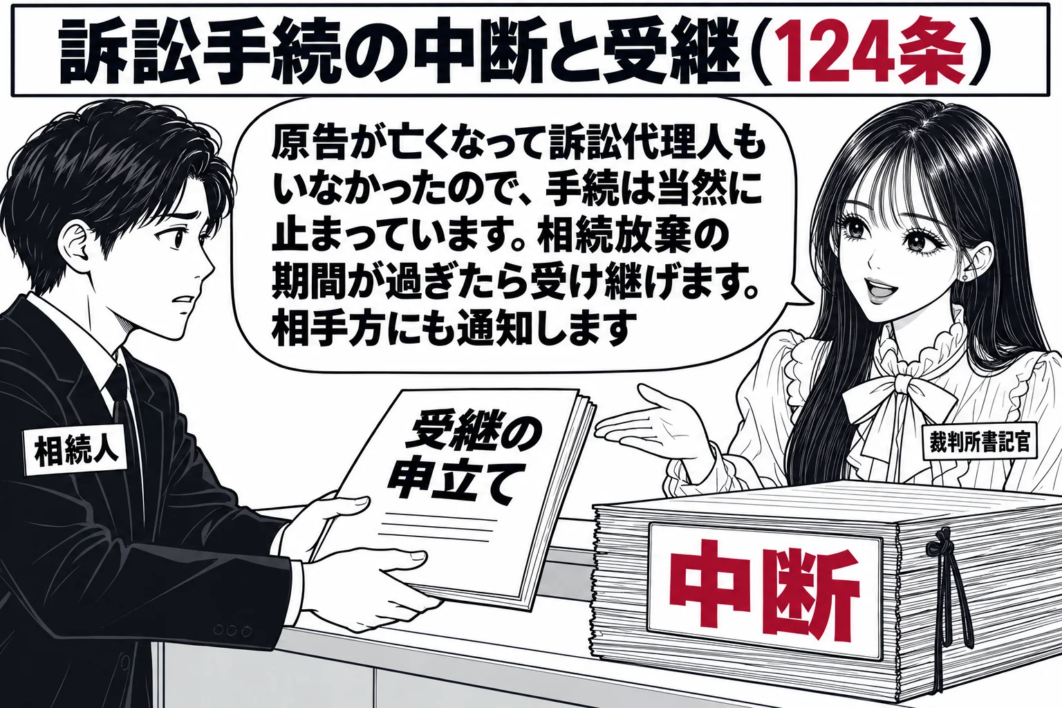 裁判所書記官室の受付の場面。カウンターの上に訴訟記録の束があり、表紙に大きな札「中断」。カウンターの手前に喪服姿の相続人（札「相続人」）が書面（札「受継の申立て」）を差し出している。カウンターの奥で先生が書記官役（札「裁判所書記官」）として