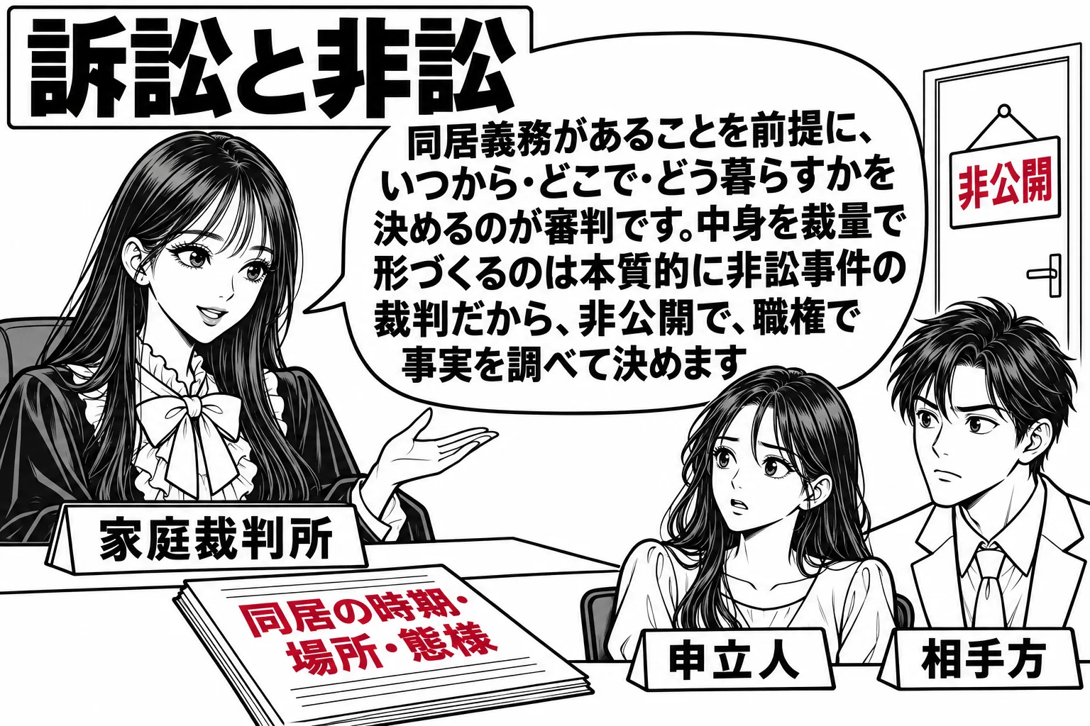家庭裁判所の小さな審判廷の場面。扉に「非公開」の札が掛かり、傍聴席は無い。先生が裁判官役（札「家庭裁判所」）として机の向こうに座り、手前に妻（札「申立人」）と夫（札「相手方」）が並んで座っている。机の上に「同居の時期・場所・態様」と書かれた