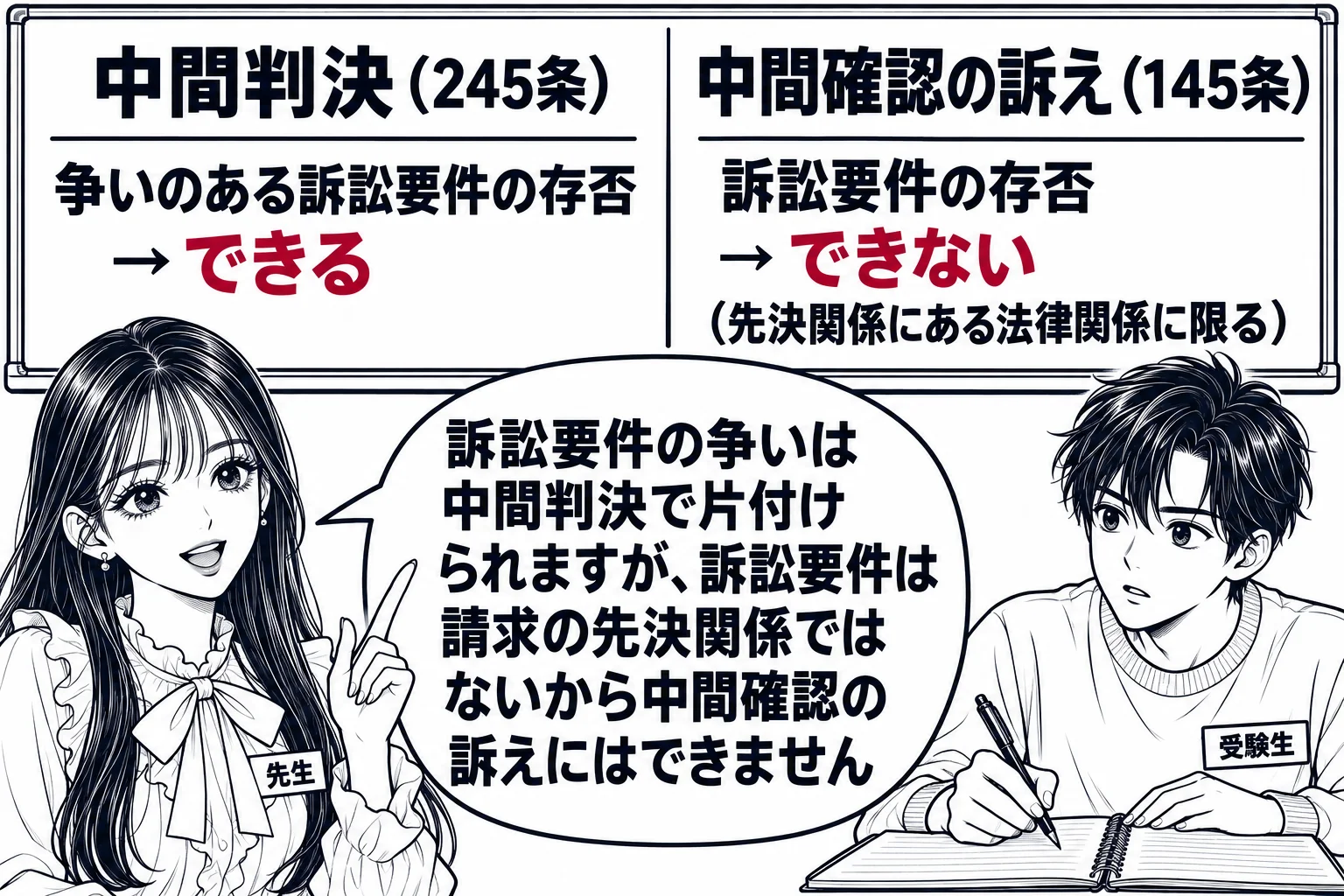 教室の場面。先生が教師役（札「先生」）で黒板の前に立つ。黒板の左に「中間判決（245条）」、右に「中間確認の訴え（145条）」と見出しがあり、左の下に「争いのある訴訟要件の存否 → できる」、右の下に「訴訟要件の存否 → できない（先決関係