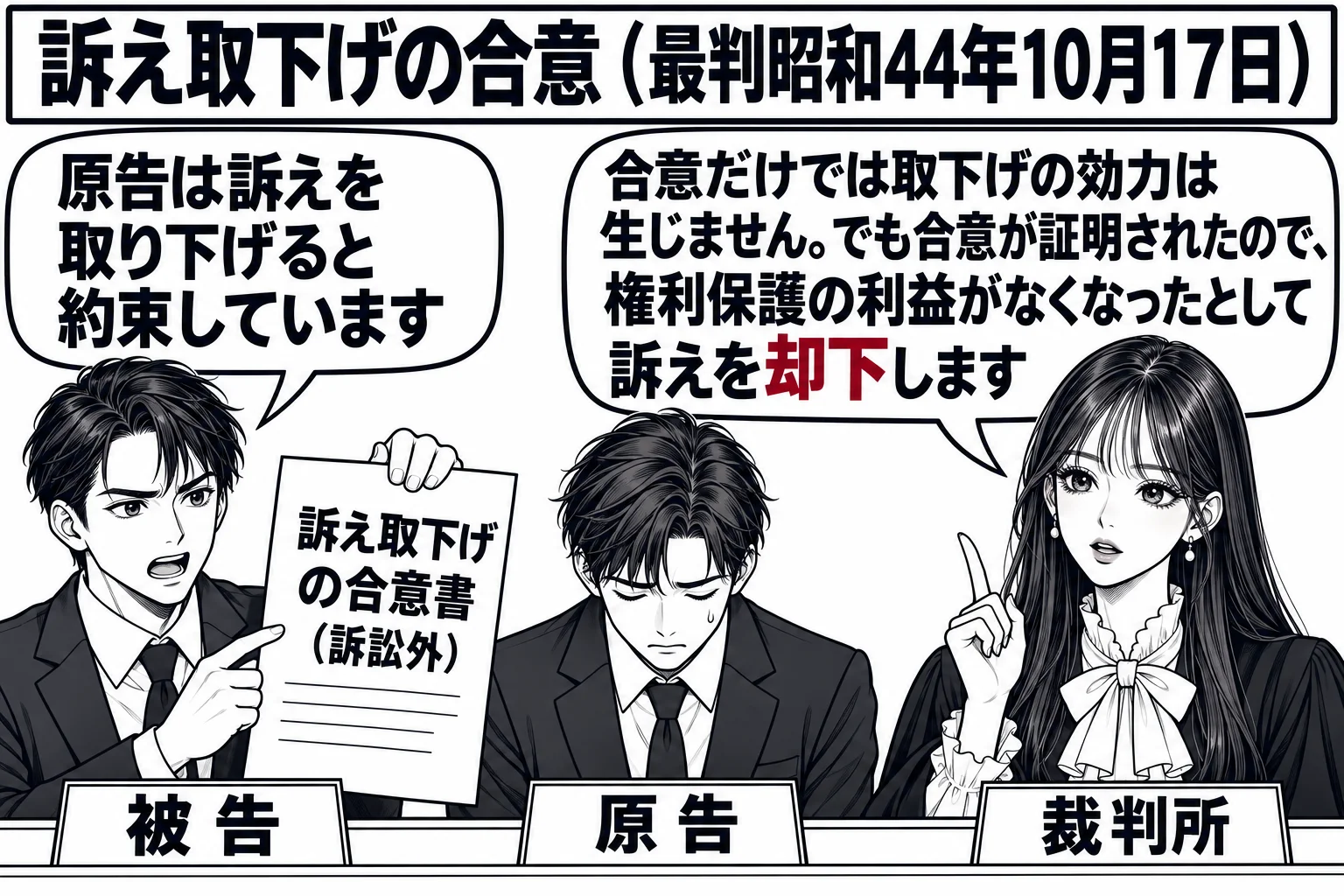 法廷の場面。被告代理人（札「被告」）が書面「訴え取下げの合意書（訴訟外）」を掲げ「原告は訴えを取り下げると約束しています」と述べている。原告代理人（札「原告」）はうつむいている。裁判官席の先生（札「裁判所」）の吹き出し「合意だけでは取下げの
