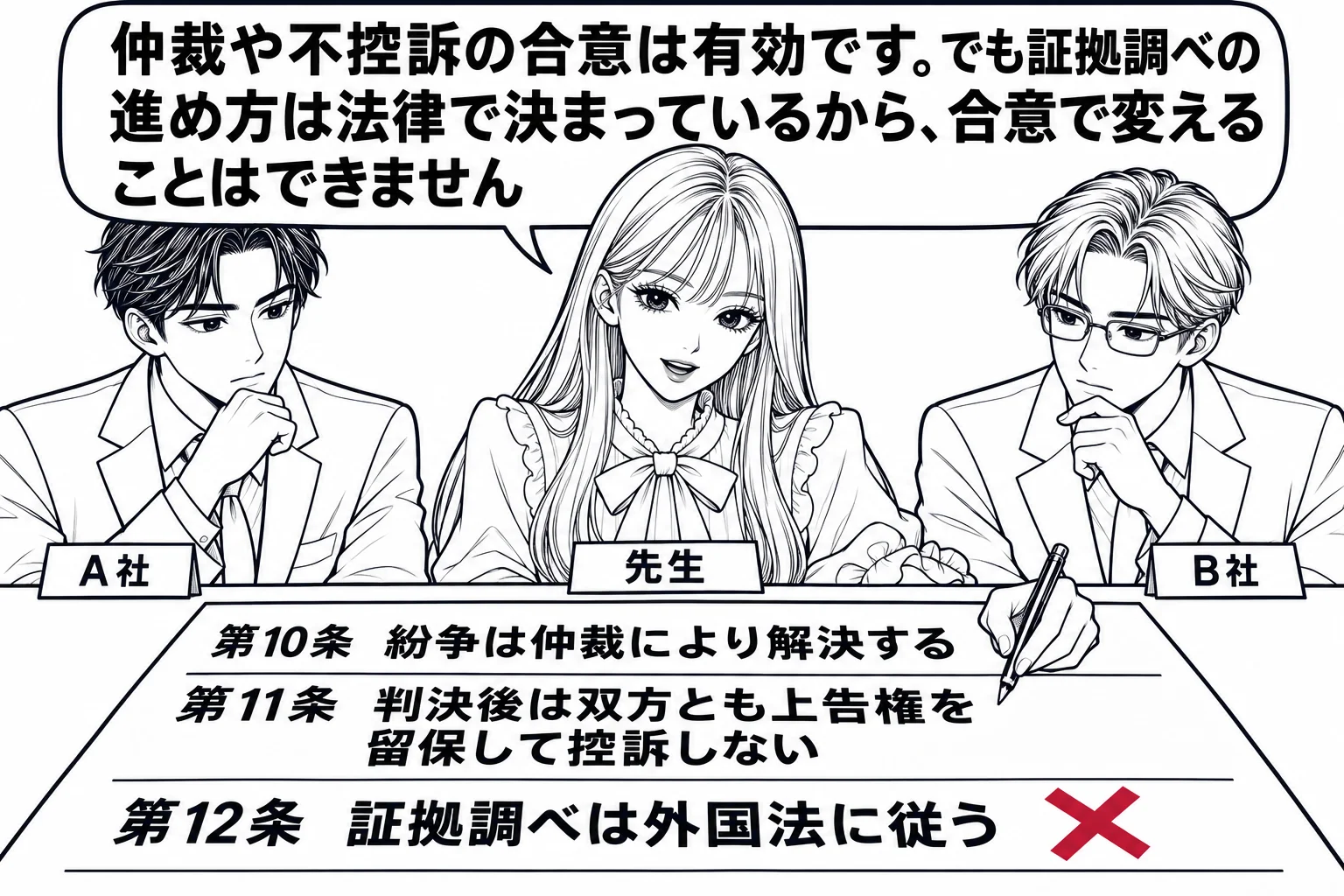 企業の会議室で契約書に署名する場面。机の上の契約書に条項が並び、「第10条 紛争は仲裁により解決する」「第11条 判決後は双方とも上告権を留保して控訴しない」「第12条 証拠調べは外国法に従う」と書かれている。第12条の横に先生（札「先生」