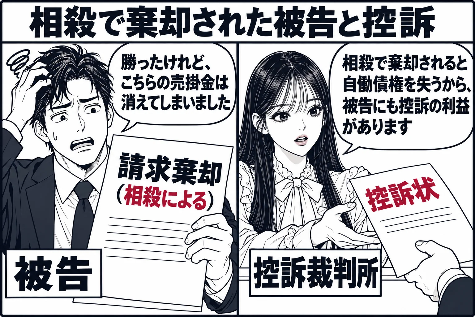 左右2コマ。左のコマは判決言渡し後の法廷で、被告の男性（札「被告」）が判決書（表題「請求棄却（相殺による）」）を持って困った顔をしている。吹き出し「勝ったけれど、こちらの売掛金は消えてしまいました」。右のコマは控訴状を提出する場面で、先生が