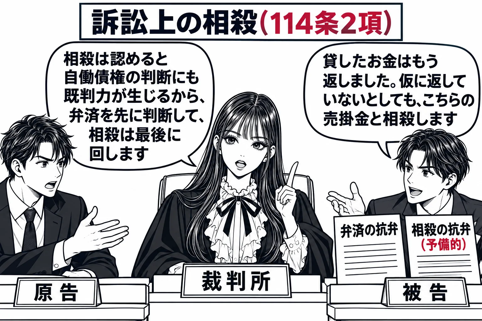 法廷の場面。裁判官席に先生が裁判官役（札「裁判所」）で座る。原告席に男性（札「原告」）、被告席に男性（札「被告」）。被告の吹き出し「貸したお金はもう返しました。仮に返していないとしても、こちらの売掛金と相殺します」。被告の机の上に「弁済の抗