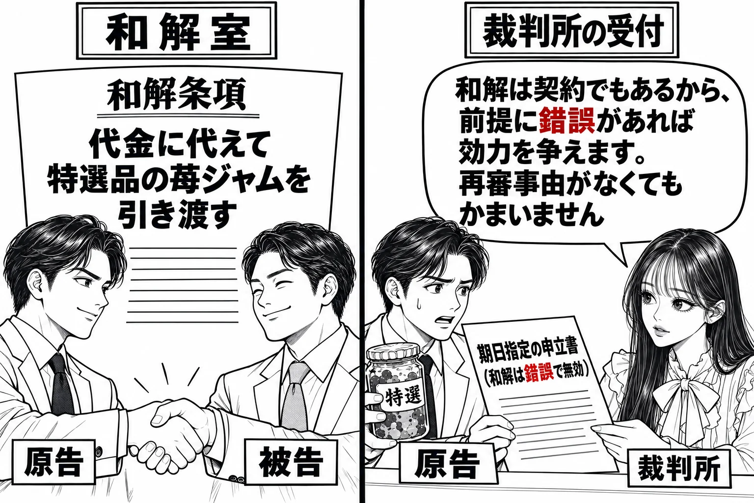 左右2コマ。左のコマは和解室で、和解条項に「代金に代えて特選品の苺ジャムを引き渡す」と書かれ、当事者二人（札「原告」「被告」）が握手している。右のコマは裁判所の受付で、原告が粗悪品のジャムの瓶（ラベル「特選」、中身は濁っている）を持ち、書面