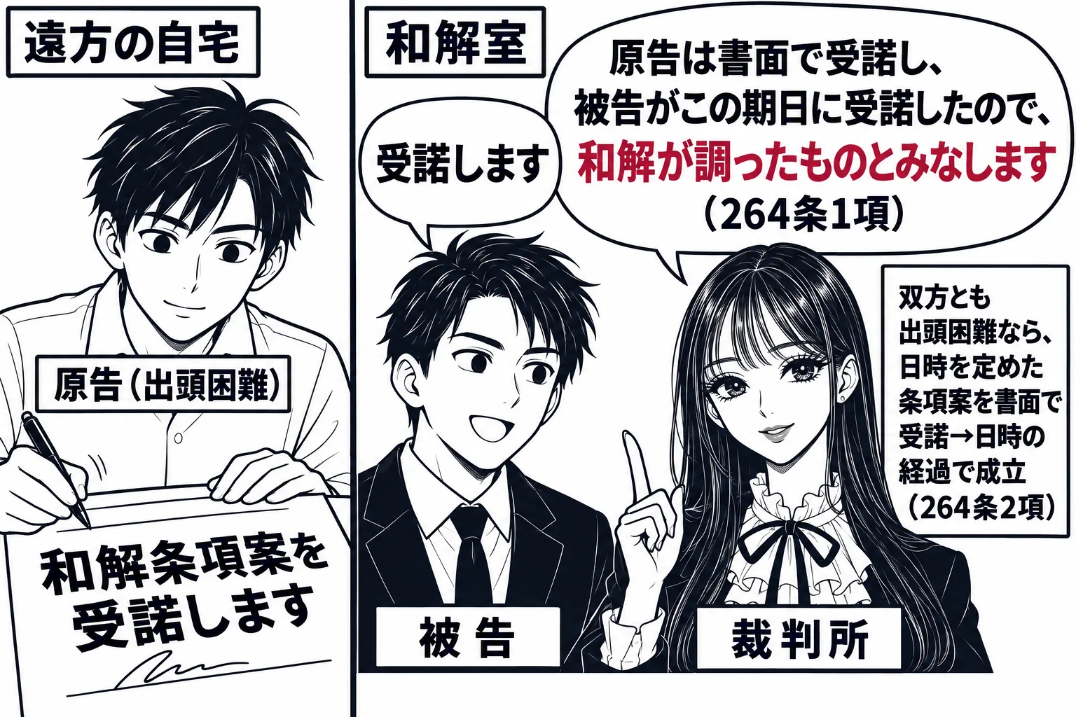 左右2コマ。左のコマは遠方の自宅で原告（札「原告（出頭困難）」）が書面「和解条項案を受諾します」に署名している場面。右のコマは和解室で被告（札「被告」）が「受諾します」と述べ、先生（札「裁判所」）の吹き出し「原告は書面で受諾し、被告がこの期