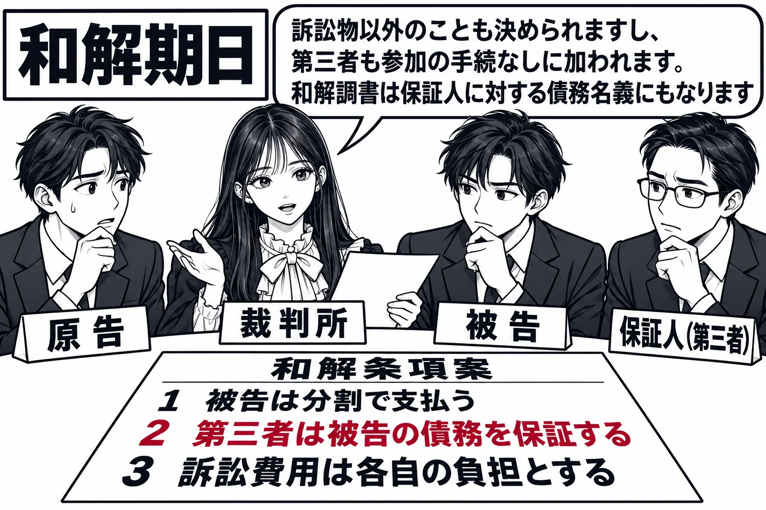 和解室の場面。丸いテーブルを囲み、先生が裁判官役(札「裁判所」)、原告(札「原告」)、被告(札「被告」)、もう一人の男性(札「保証人(第三者)」)が座っている。テーブルの上の和解条項案に「1 被告は分割で支払う」「2 第三者は被告の債務を保