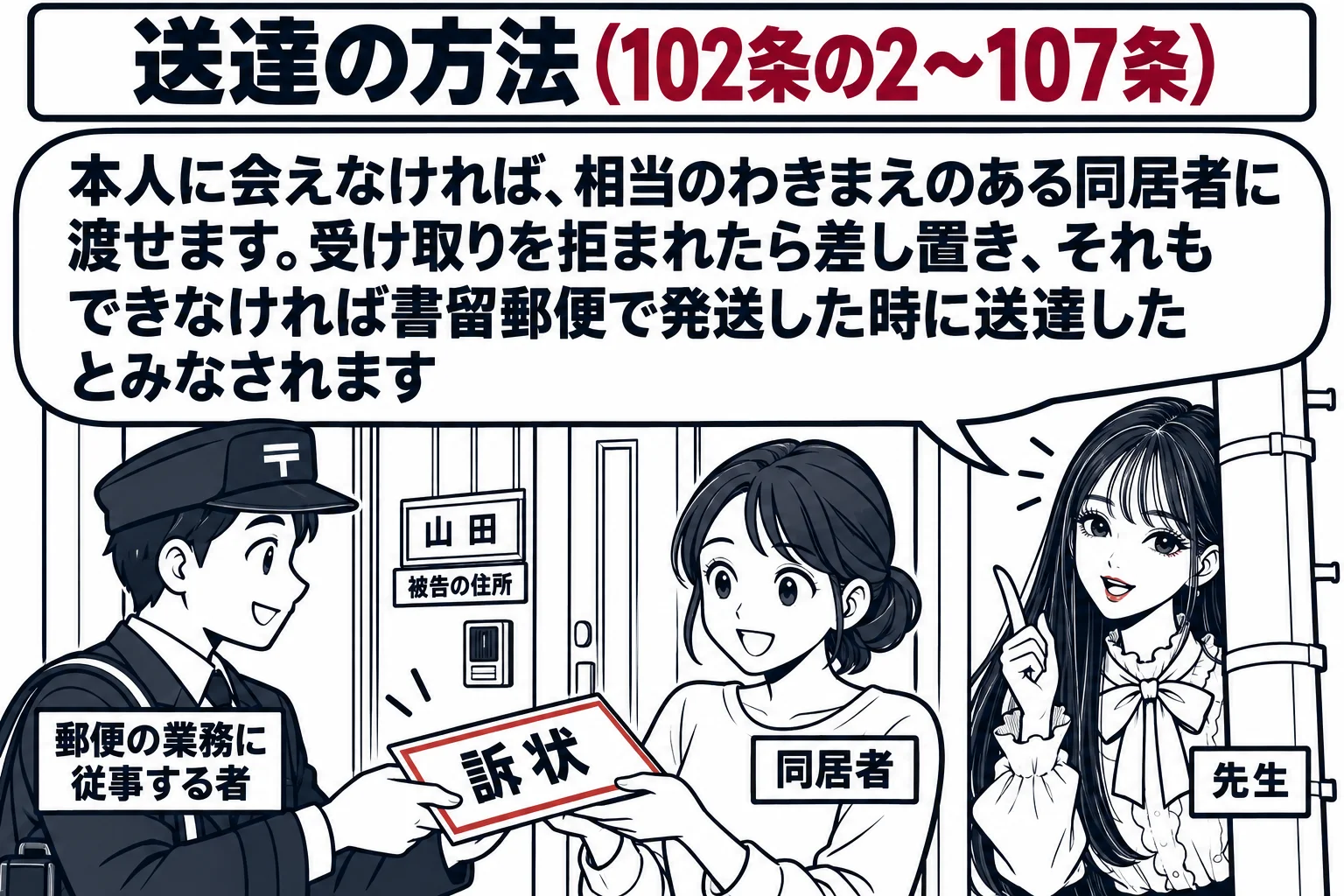 住宅の玄関先の場面。郵便配達員（札「郵便の業務に従事する者」）が封筒（札「訴状」）を持ち、玄関に出てきた同居の妻（札「同居者」）に手渡している。家の表札の横に小さな札「被告の住所」。後ろの電柱の陰に先生が立ち、吹き出し「本人に会えなければ、
