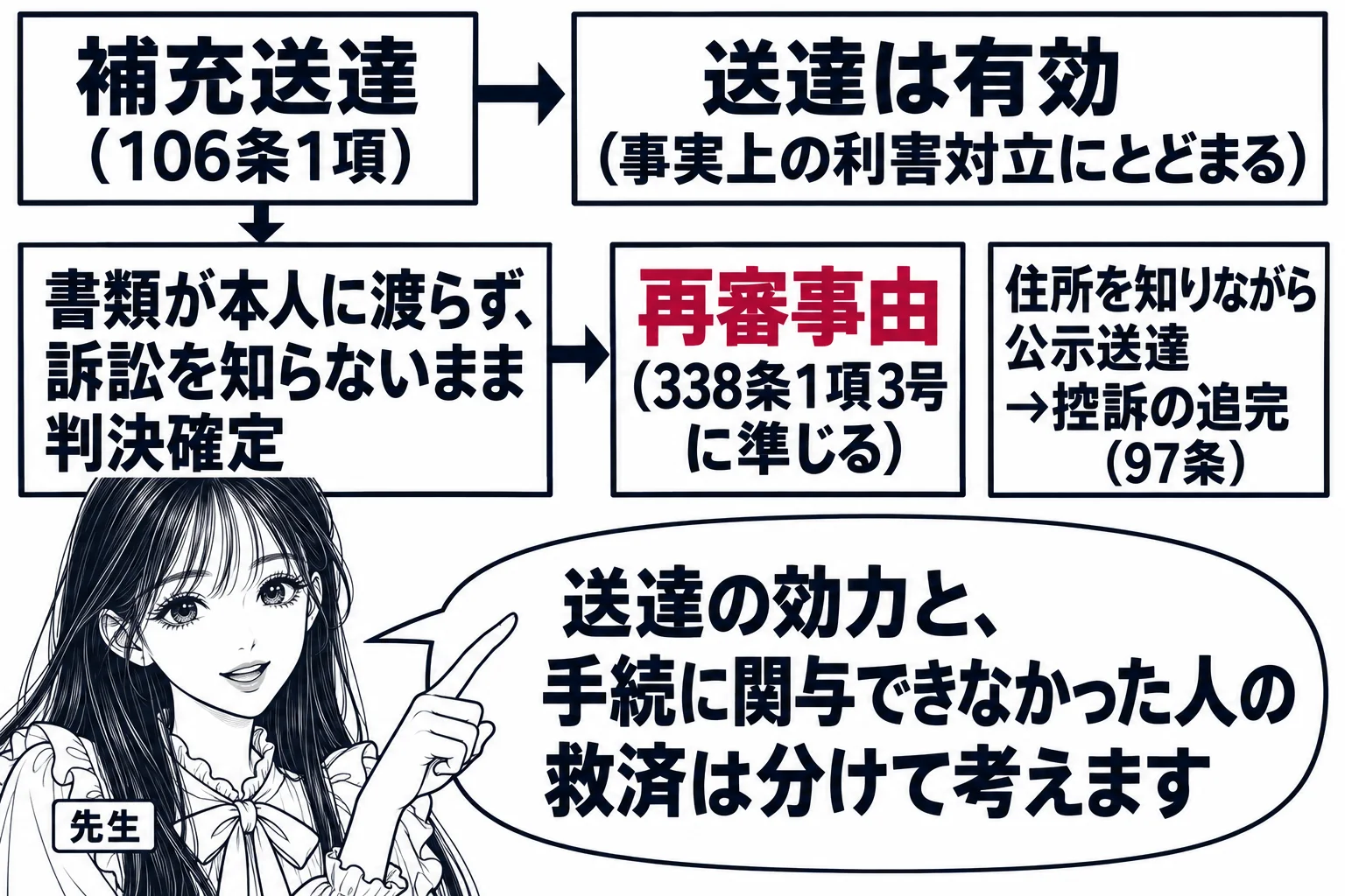 教室の黒板の板書の図解。左に「補充送達（106条1項）」の箱、矢印で「送達は有効（事実上の利害対立にとどまる）」。その下に分岐して「書類が本人に渡らず、訴訟を知らないまま判決確定」の箱、矢印で「再審事由（338条1項3号に準じる）」。右端に