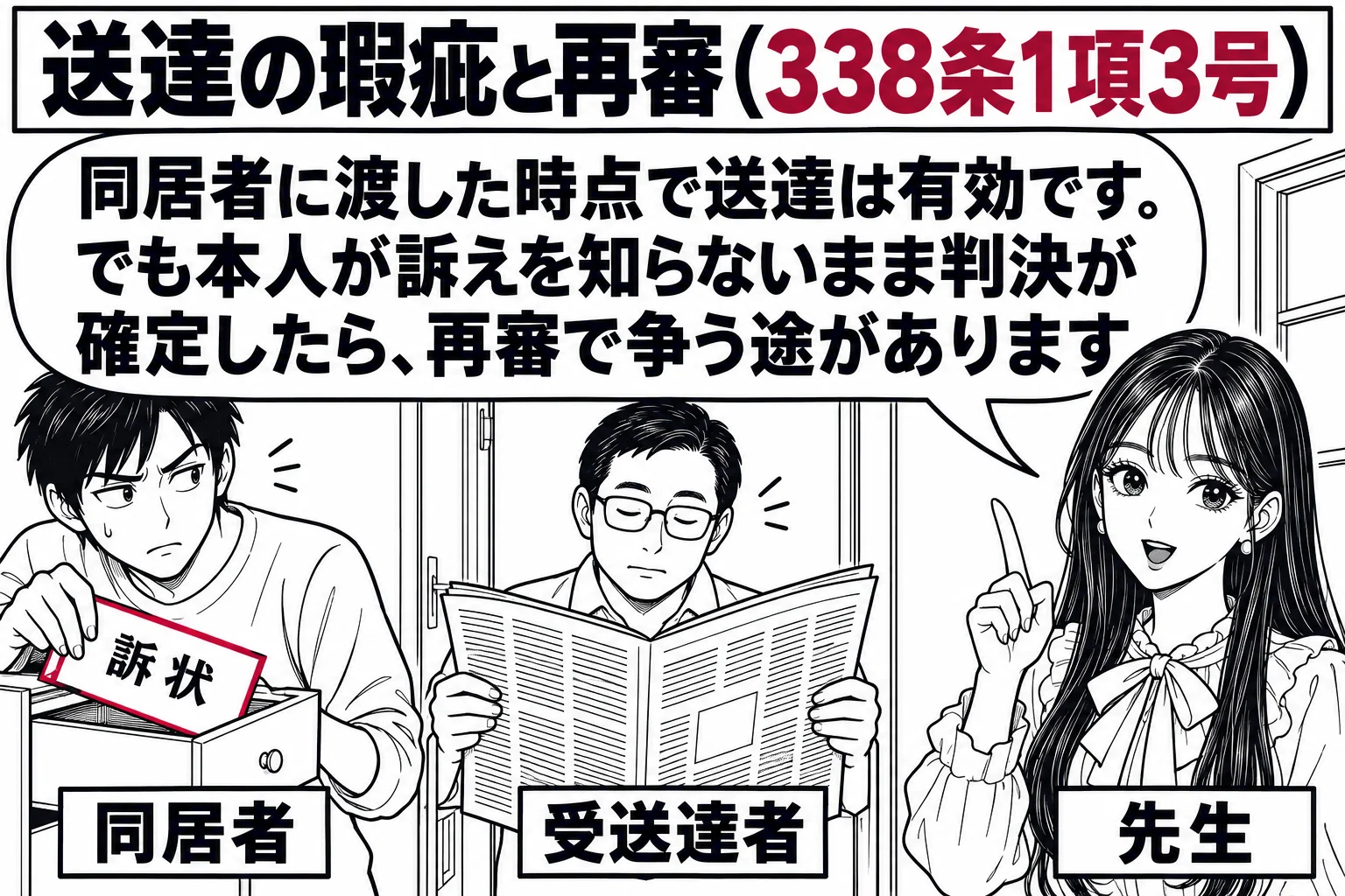 住宅の居間の場面。同居の家族（札「同居者」）が封筒（札「訴状」）を受け取り、本人に気づかれないように引き出しにしまっている。奥の部屋では本人（札「受送達者」）が新聞を読んでいて訴えに気づいていない。窓の外に先生が立ち、吹き出し「同居者に渡し