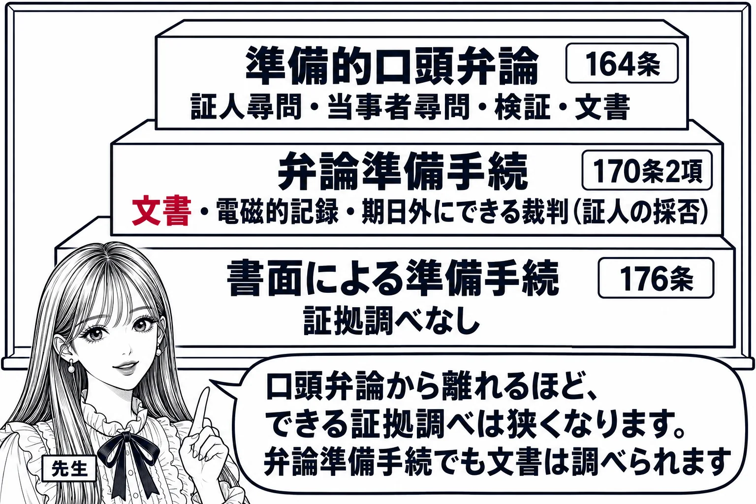教室の黒板の板書の図解。三段の階段の絵。最上段「準備的口頭弁論」に「証人尋問・当事者尋問・検証・文書」、中段「弁論準備手続」に「文書・電磁的記録・期日外にできる裁判（証人の採否）」、最下段「書面による準備手続」に「証拠調べなし」。各段に条番