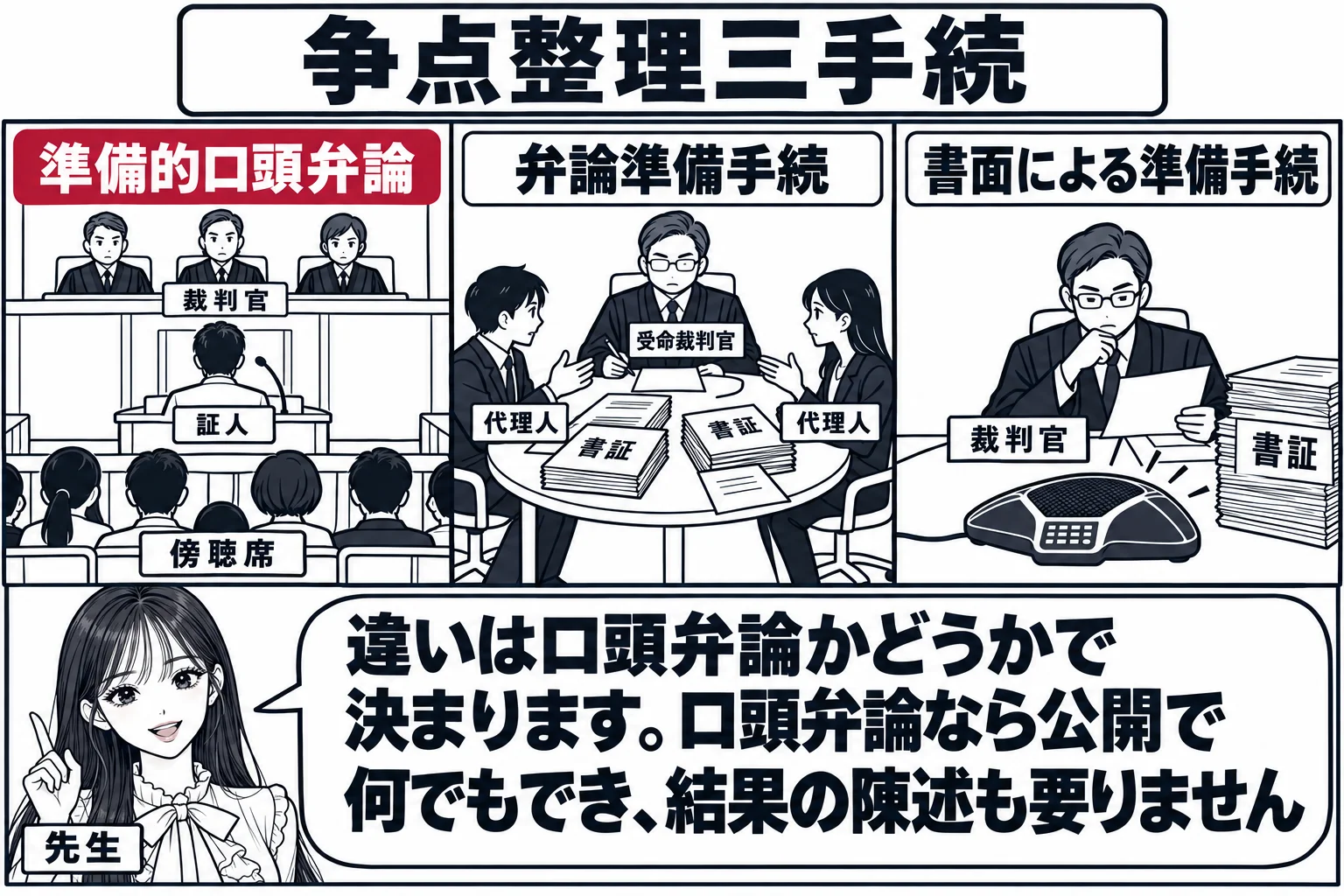 三つの部屋を横に並べた断面図。左は傍聴席のある公開の法廷（札「準備的口頭弁論」）で裁判官3人と証言台の証人。中央は小部屋のラウンドテーブル（札「弁論準備手続」）で裁判官1人（札「受命裁判官」）と双方代理人、机に書証。右は裁判官室で裁判官が電