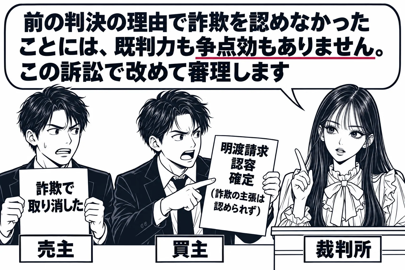 法廷の場面。被告席の男性（札「売主」）が「詐欺で取り消した」と書いた紙を掲げ、原告席の男性（札「買主」）が前の判決書（札「明渡請求 認容 確定（詐欺の主張は認められず）」）を指さして抗議している。法壇の先生（札「裁判所」）の吹き出し「前の判