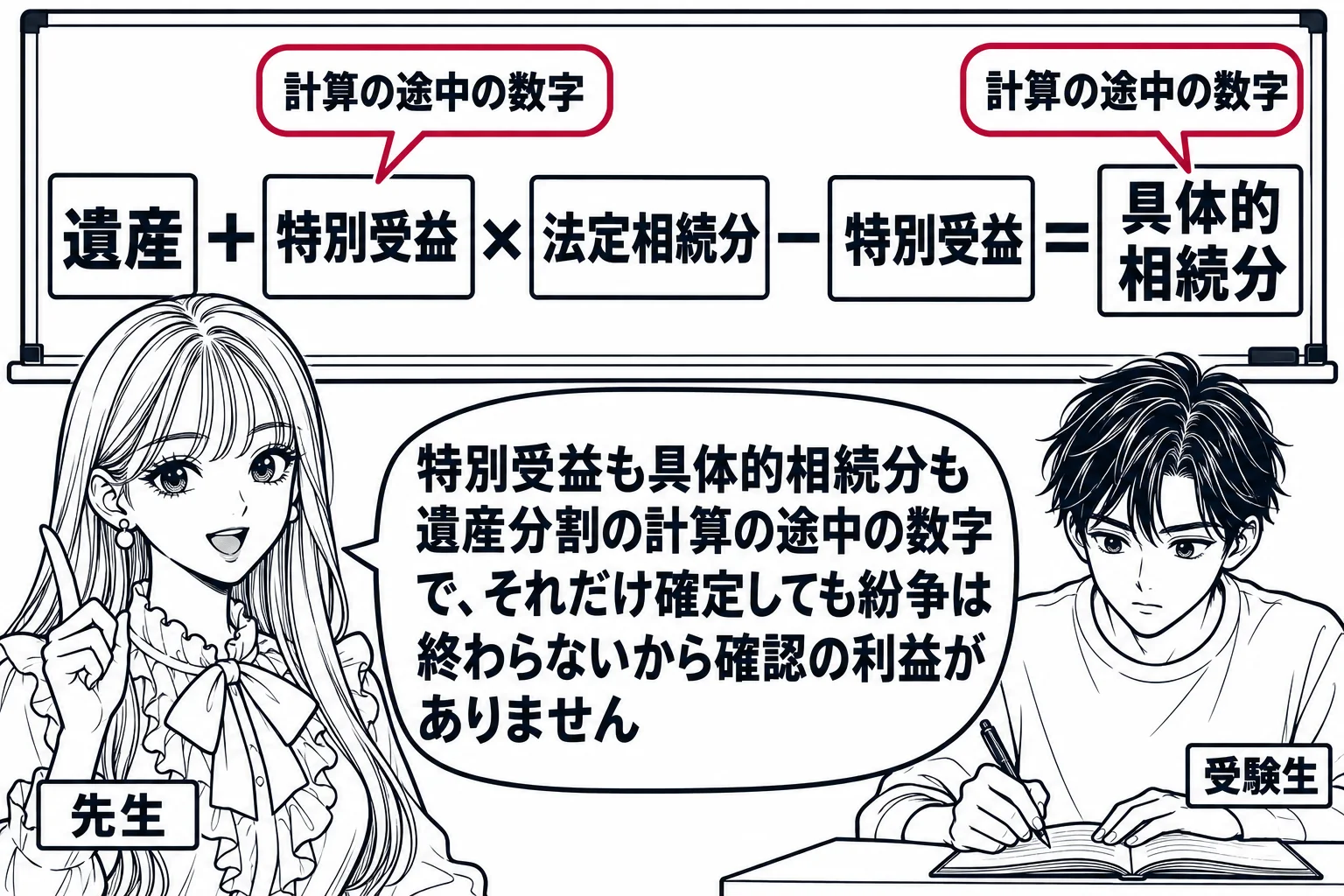 教室の場面。先生が教師役（札「先生」）で黒板の前に立つ。黒板に遺産分割の計算式の図があり、「遺産」「＋特別受益」「×法定相続分」「－特別受益」「＝具体的相続分」と並び、「特別受益」と「具体的相続分」の2か所に吹き出しで「計算の途中の数字」と