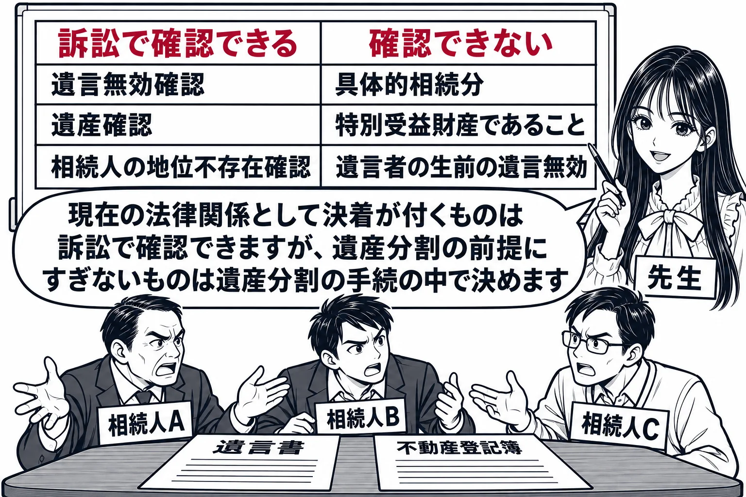 和室での遺産分割の話合いの場面。座卓の上に遺言書と不動産の登記簿が置かれている。座卓を囲んで男性3人（札「相続人A」「相続人B」「相続人C」）が言い合っている。座卓の横に先生が弁護士役（札「先生」）で立ち、ホワイトボードに2列の表を書いてい