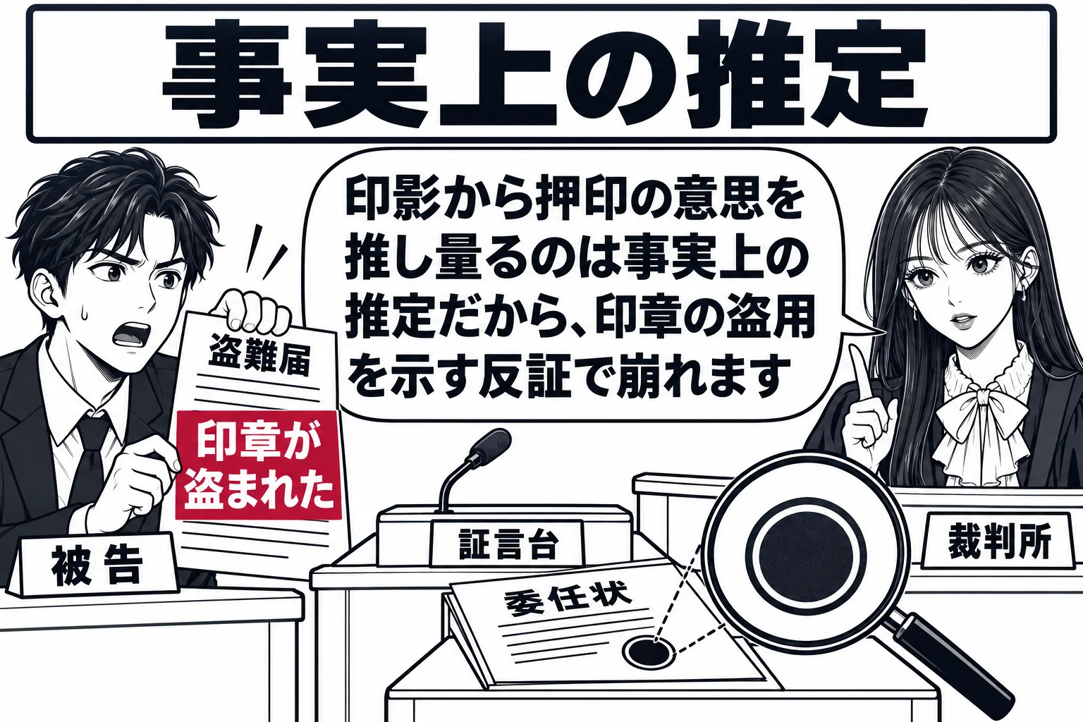 法廷の場面。証言台の横の机に委任状が置かれ、押された印影が拡大鏡で示されている。被告席の男性（札「被告」）が盗難届の紙（札「印章が盗まれた」）を掲げている。裁判官席の先生（札「裁判所」）。先生の吹き出し「印影から押印の意思を推し量るのは事実