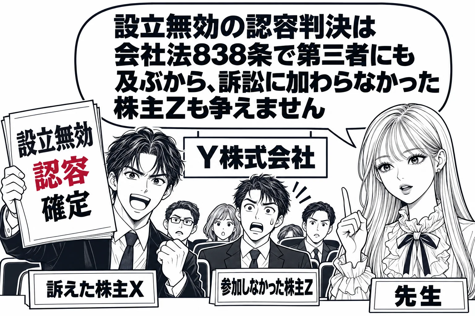 株主総会の会場の場面。壇上に会社の看板（札「Y株式会社」）。客席に株主たちが座り、前列の男性（札「訴えた株主X」）が判決書（札「設立無効 認容 確定」）を掲げ、後列の男性（札「参加しなかった株主Z」）が驚いている。会場の脇に立つ先生（札「先