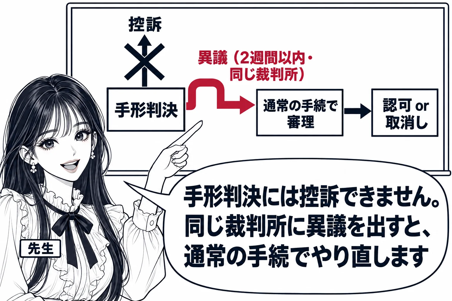 教室の黒板の図解。黒板の中央に「手形判決」の箱。そこから上に向かう矢印に「控訴」と書いて×印。同じ高さで右へ曲がる矢印に「異議（2週間以内・同じ裁判所）」、その先に「通常の手続で審理」の箱、さらに先に「認可 or 取消し」。先生が黒板の前で