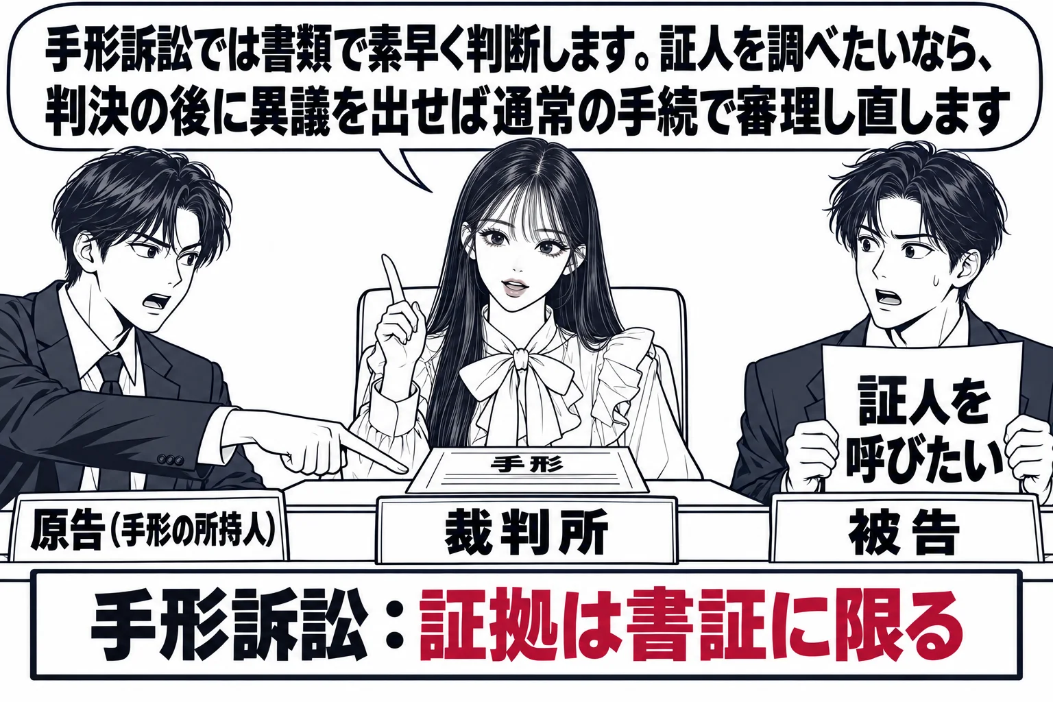 地方裁判所の法廷の場面。法壇に先生が裁判官役（札「裁判所」）として座り、手元に一枚の手形が置かれている。原告席の男性（札「原告（手形の所持人）」）が手形を指さし、被告席の男性（札「被告」）は「証人を呼びたい」と書いた紙を掲げている。法壇の前