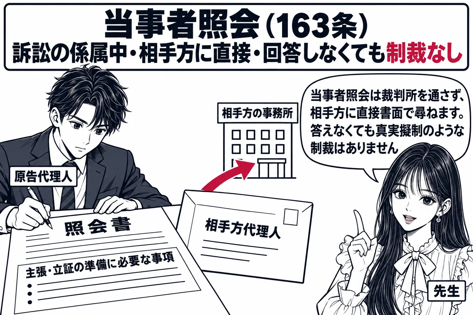 法律事務所の机の場面。男性（札「原告代理人」）が書面に記入しており、書面の表題は「照会書」、項目欄に「主張・立証の準備に必要な事項」。机の上に封筒があり、宛名は「相手方代理人」で、裁判所を経由しない矢印が直接相手方の事務所へ伸びている。隅に