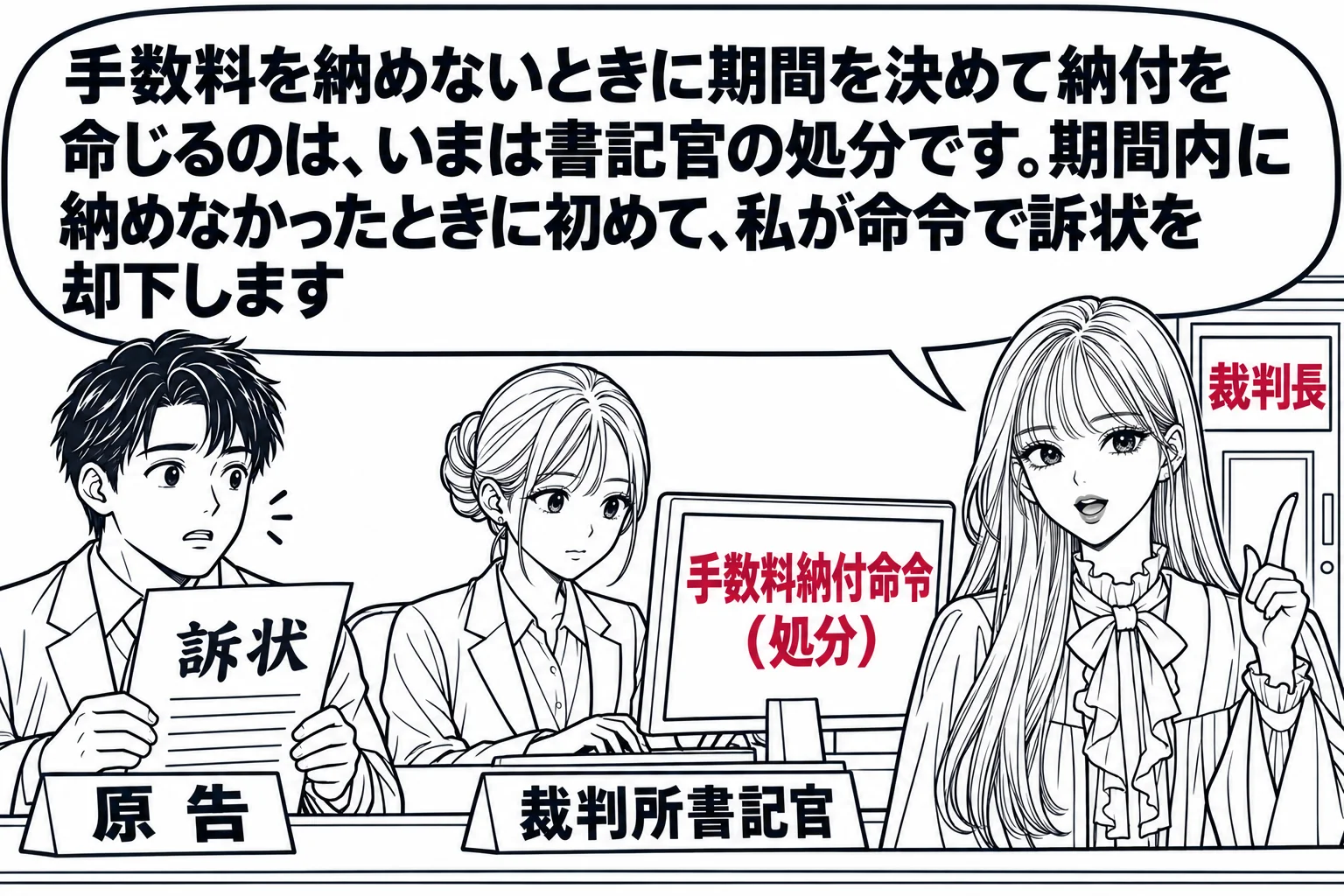 裁判所書記官室の受付の場面。カウンターの奥に女性（札「裁判所書記官」）がパソコンに向かい、画面に「手数料納付命令（処分）」と表示されている。カウンターの手前に男性（札「原告」）が訴状を持って立っている。奥の部屋の扉に「裁判長」の札があり、先