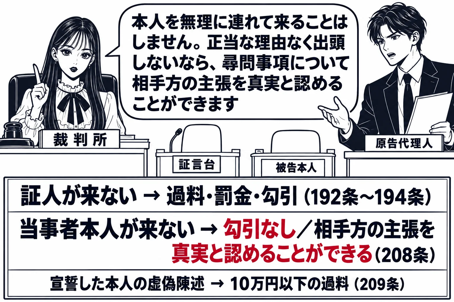 法廷の場面。証言台は空いていて、被告本人の席も空席になっている。法壇で先生が裁判官役（札「裁判所」）として座り、原告席に男性（札「原告代理人」）が立っている。法壇の前の板書に二段で「証人が来ない → 過料・罰金・勾引（192条〜194条）」