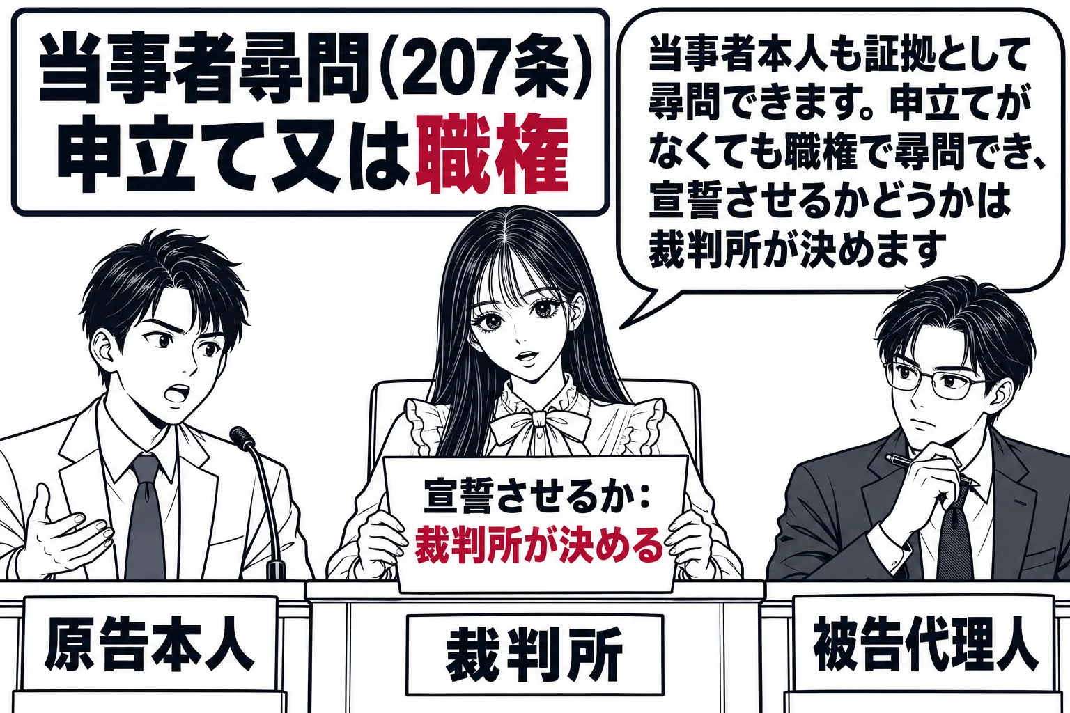 地方裁判所の法廷で当事者尋問をしている場面。証言台に男性（札「原告本人」）が立って話している。法壇に先生が裁判官役（札「裁判所」）として座り、手元の書類に「宣誓させるか：裁判所が決める」と書かれている。被告席に男性（札「被告代理人」）。法廷