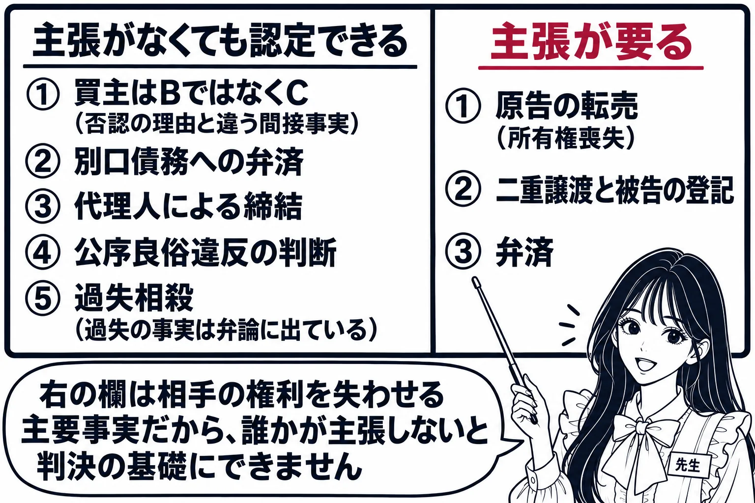 板書の図解。黒板を左右に分け、左に見出し「主張がなくても認定できる」として「買主はBではなくC（否認の理由と違う間接事実）」「別口債務への弁済」「代理人による締結」「公序良俗違反の判断」「過失相殺（過失の事実は弁論に出ている）」、右に見出し