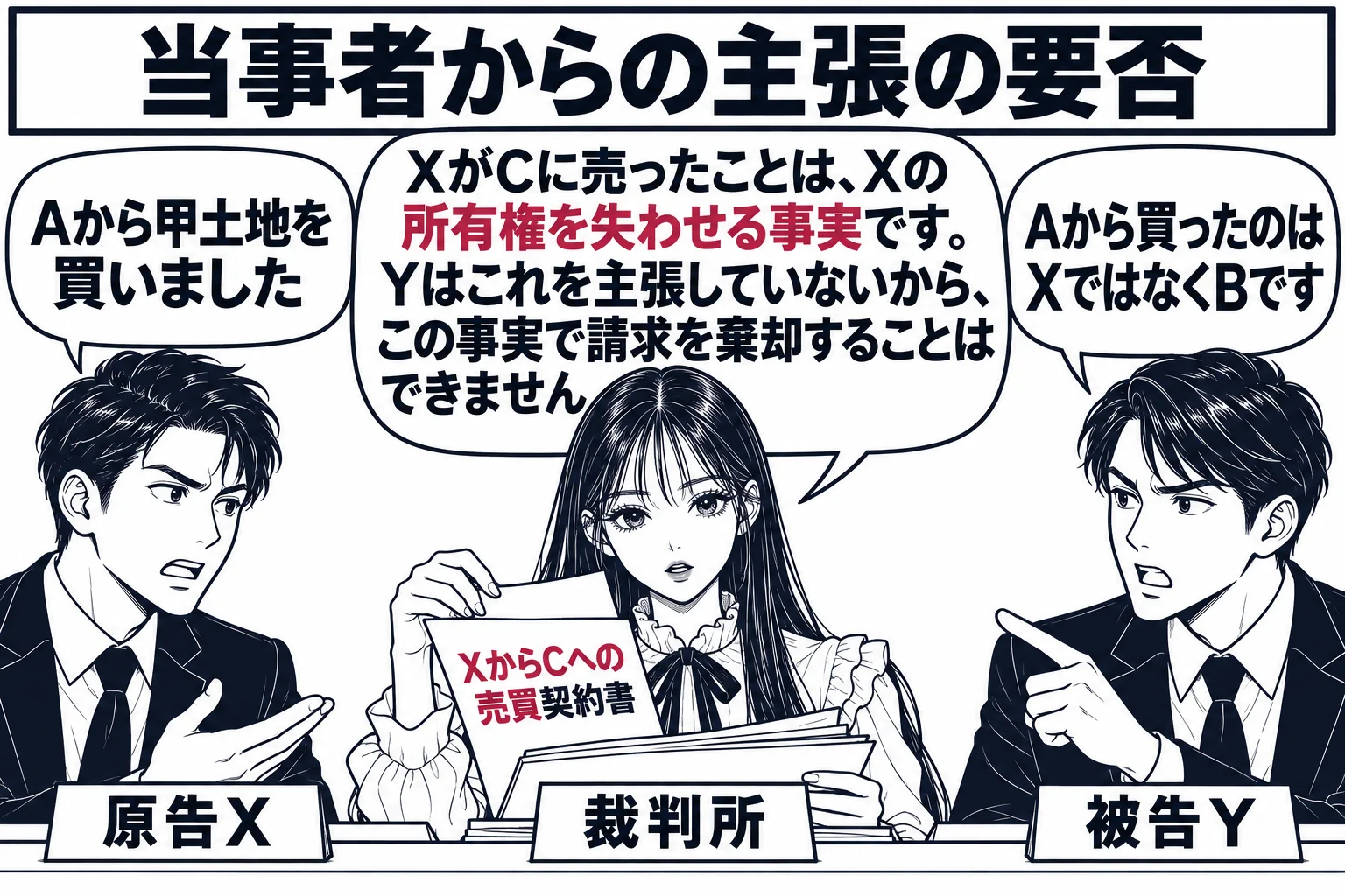 民事の法廷の場面。原告席の男性（札「原告X」）が「Aから甲土地を買いました」と言い、被告席の男性（札「被告Y」）が「Aから買ったのはXではなくBです」と言っている。正面の裁判官席で先生が裁判官役（札「裁判所」）として、証拠の書類から「Xから