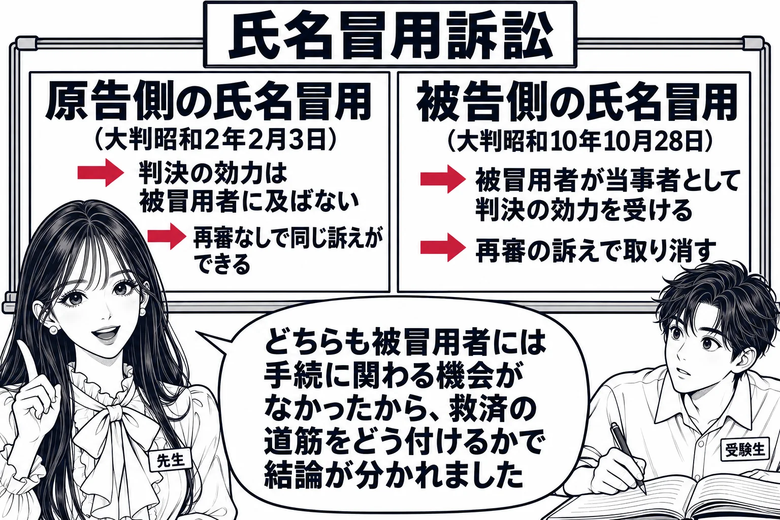 教室の場面。先生が教師役（札「先生」）で黒板の前に立つ。黒板は左右二段に分かれ、左に「原告側の氏名冒用（大判昭和2年2月3日）→ 判決の効力は被冒用者に及ばない → 再審なしで同じ訴えができる」、右に「被告側の氏名冒用（大判昭和10年10月