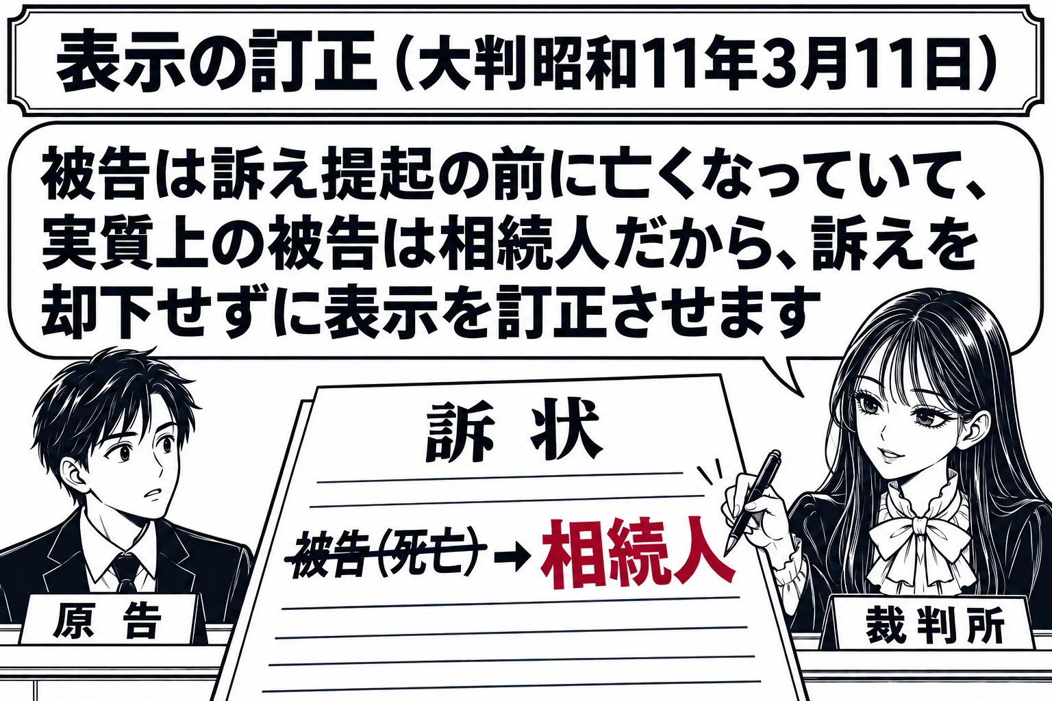 法廷の場面。裁判官席に先生が裁判官役（札「裁判所」）で座り、手元の訴状の被告欄に赤線で訂正を入れている。訴状の被告欄には「被告（死亡）」と書かれ、その横に「相続人」と書き足されている。証言台の前に男性（札「原告」）。先生の吹き出し「被告は訴