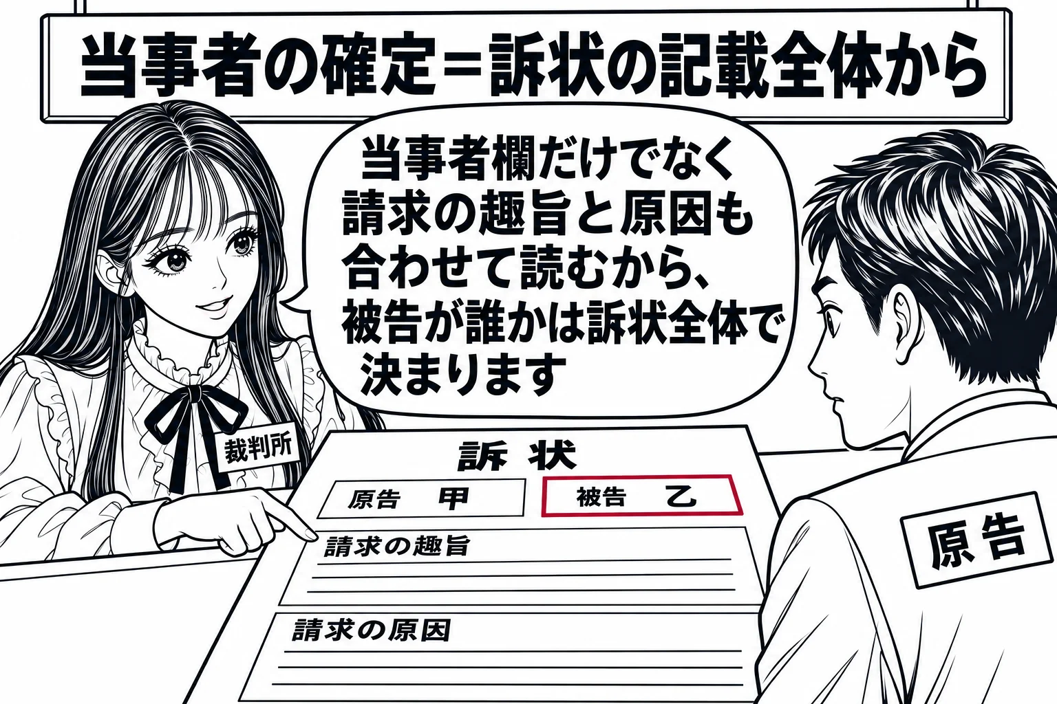 裁判所書記官室の受付カウンターの場面。カウンターの上に訴状が広げられ、上の欄に「原告」「被告」の名前、その下に「請求の趣旨」「請求の原因」の欄が見える。先生が裁判官役（札「裁判所」）でカウンターの内側に立ち、訴状の欄を指でなぞっている。カウ