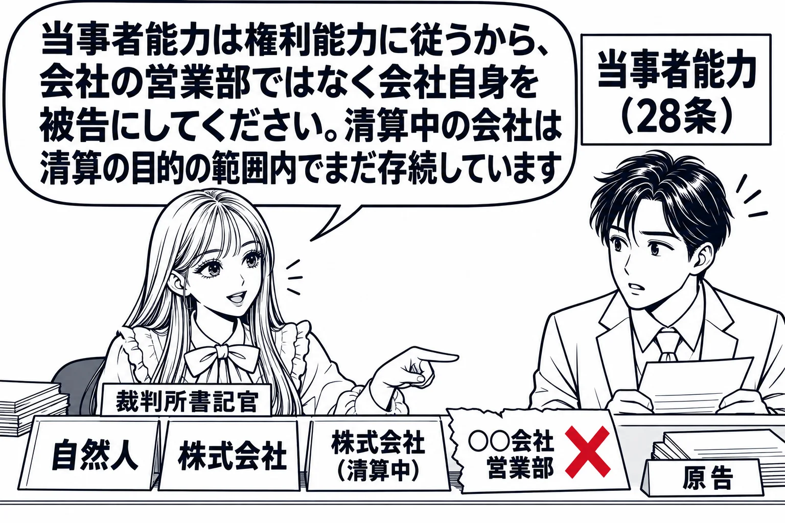 裁判所書記官室の受付の場面。カウンターの上に三枚の札が並んでいる。左から「自然人」「株式会社」「株式会社（清算中）」。その横に、ちぎれた札「○○会社 営業部」が置かれている。先生が裁判所書記官役（札「裁判所書記官」）でカウンターの内側に立ち