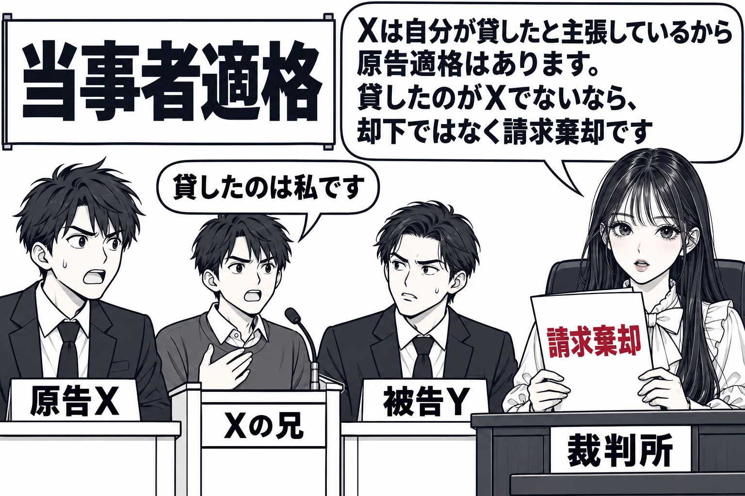 法廷の場面。原告席に男性（札「原告X」）、被告席に男性（札「被告Y」）。証言台の横に男性（札「Xの兄」）が立ち、「貸したのは私です」という吹き出し。先生が裁判官役（札「裁判所」）で裁判官席に座り、判決書を手にしている。先生の吹き出し「Xは自