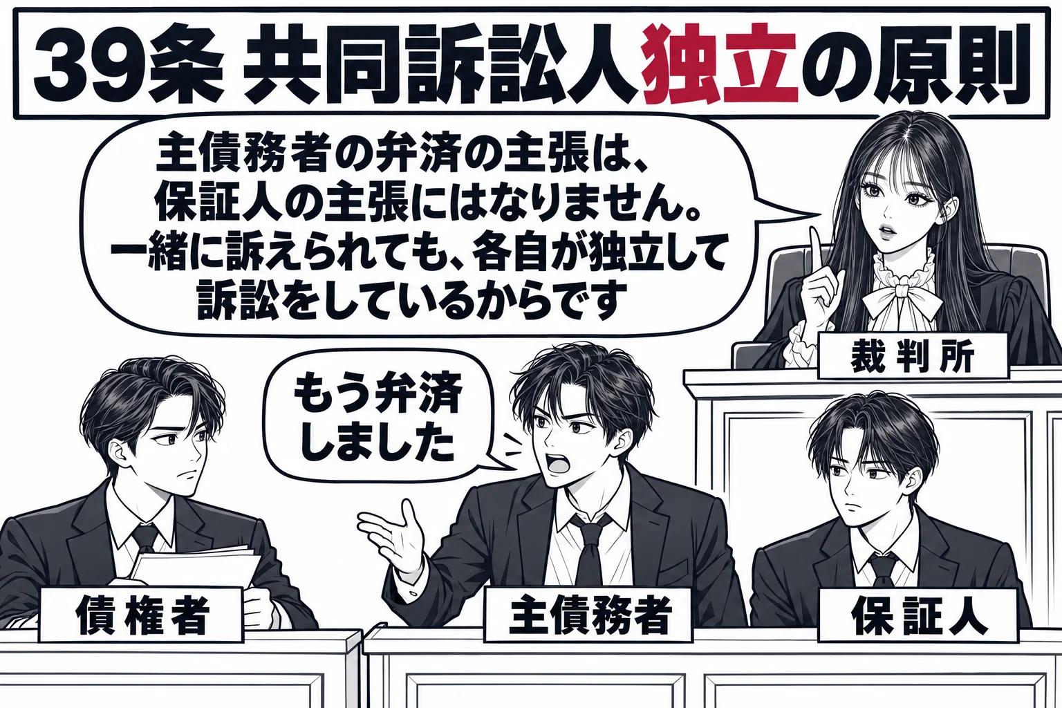 地方裁判所の法廷の場面。原告席に男性（札「債権者」）。被告席に男性が2人並んで座り、左の男性（札「主債務者」）が立ち上がって吹き出し「もう弁済しました」と言っている。右の男性（札「保証人」）は黙って座っている。法壇に先生が裁判官役（札「裁判