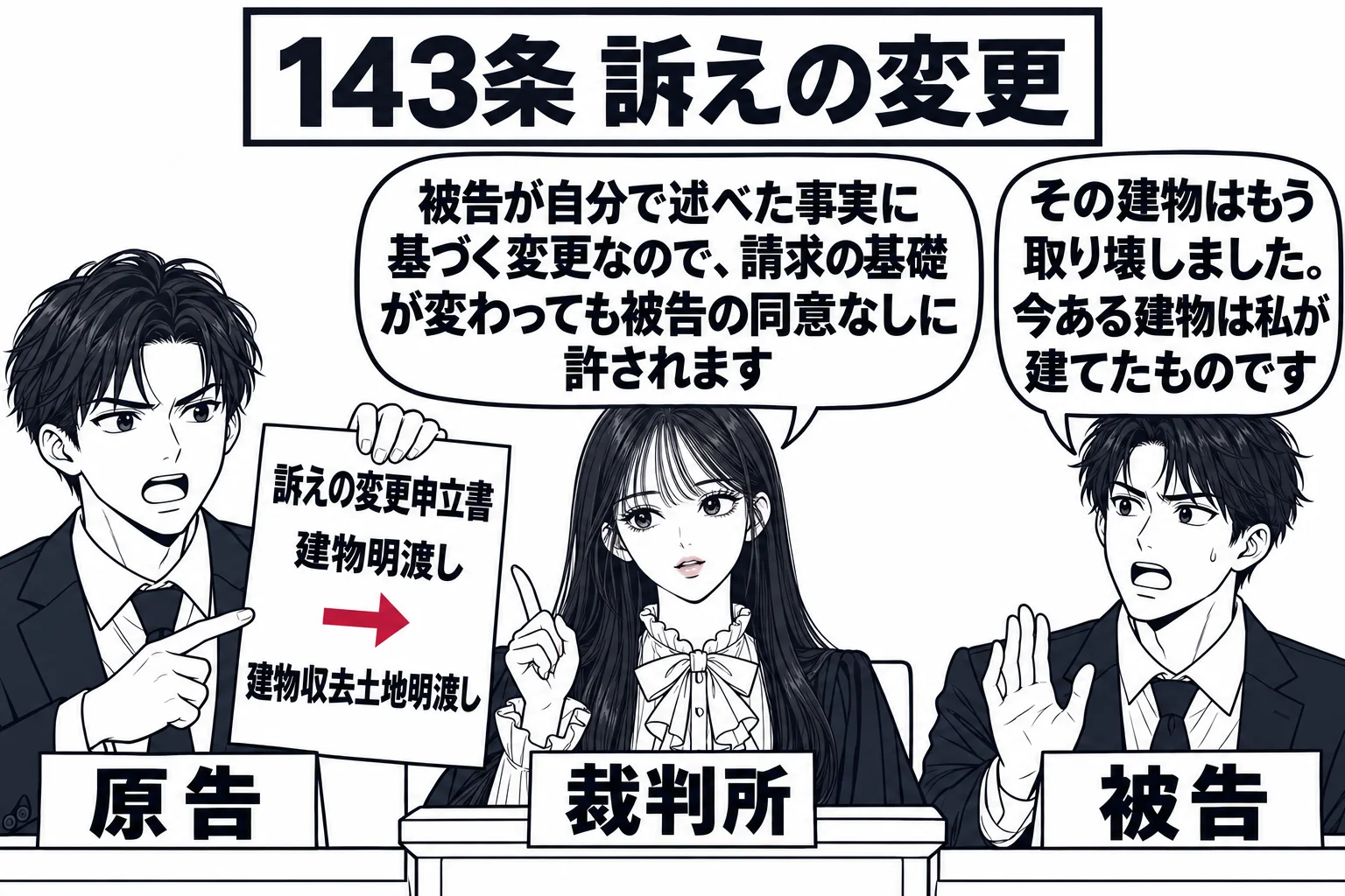 地方裁判所の法廷の場面。被告席の男性（札「被告」）が立ち上がり、吹き出し「その建物はもう取り壊しました。今ある建物は私が建てたものです」。原告席の男性（札「原告」）が書面を掲げ、書面の表題に「訴えの変更申立書　建物明渡し → 建物収去土地明