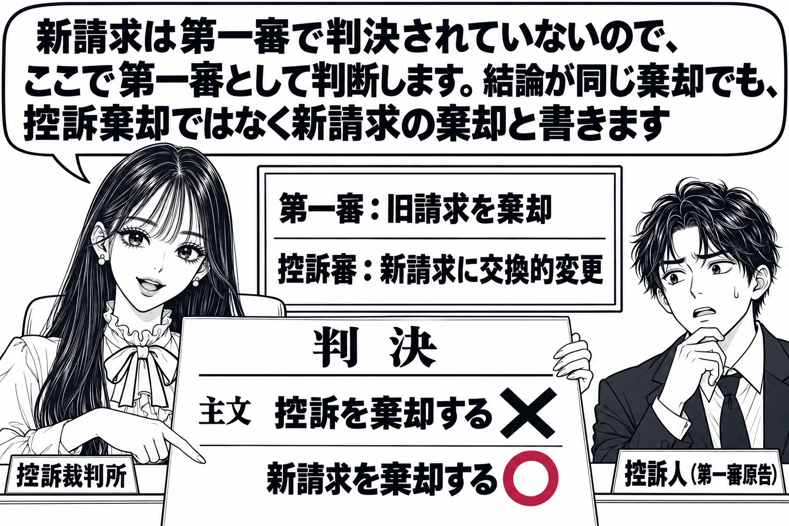 控訴審の法廷の場面。法壇に先生が裁判官役（札「控訴裁判所」）として座り、手元の判決原稿に「主文　控訴を棄却する」と書かれた行に大きく×印、その下に「新請求を棄却する」と書かれた行に○印。法壇の脇のボードに「第一審：旧請求を棄却」「控訴審：新