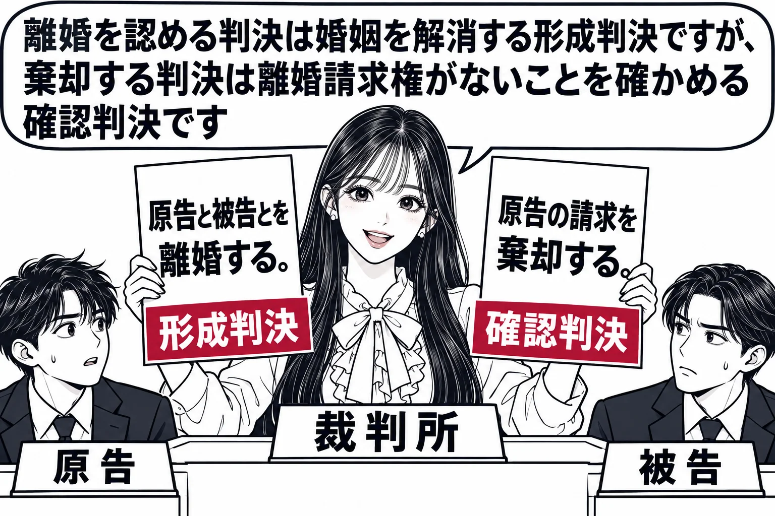 法廷の場面。裁判官席の先生（札「裁判所」）が判決書を2枚持ち、左手の1枚に「原告と被告とを離婚する。」、右手の1枚に「原告の請求を棄却する。」と書かれている。左の判決書の下に札「形成判決」、右の判決書の下に札「確認判決」。当事者席に男性2人
