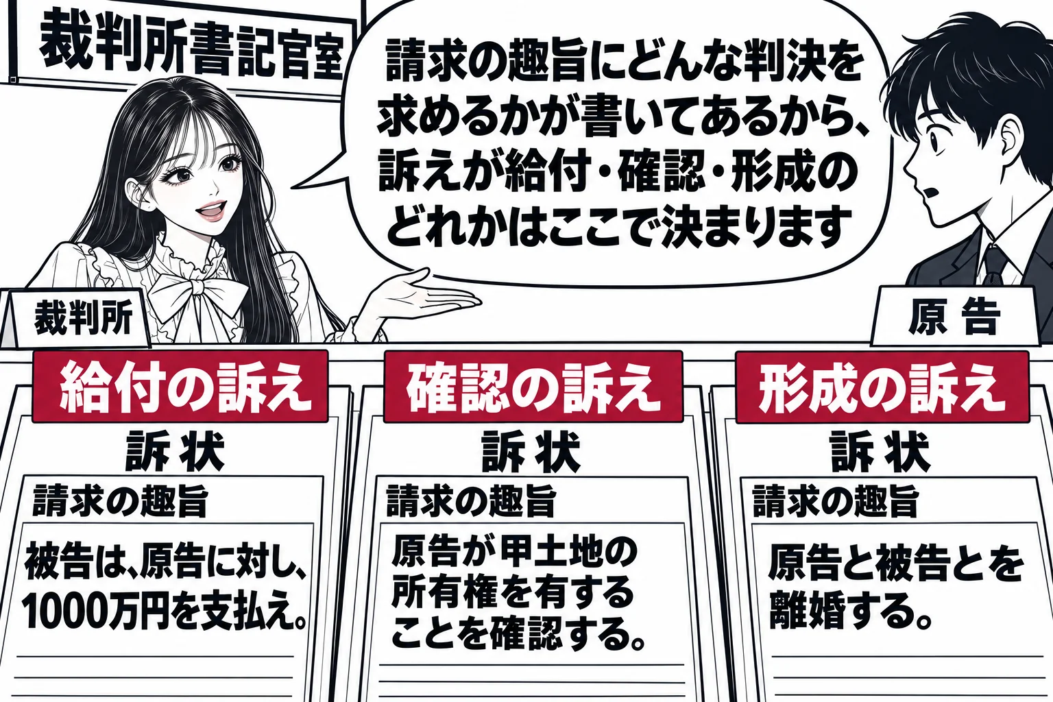 裁判所書記官室の受付カウンターの場面。カウンターに訴状が3通並び、それぞれの請求の趣旨欄が拡大して見える。左の訴状「被告は、原告に対し、1000万円を支払え。」、中央の訴状「原告が甲土地の所有権を有することを確認する。」、右の訴状「原告と被