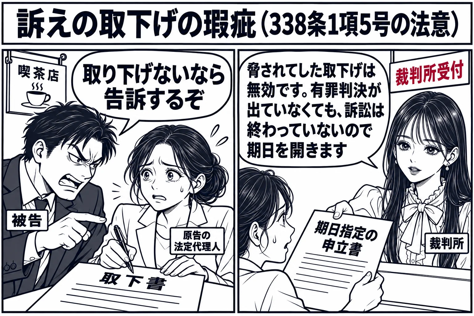左右2コマ。左のコマは喫茶店の場面で、被告の男性（札「被告」）が原告の女性（札「原告の法定代理人」）に「取り下げないなら告訴するぞ」と迫り、女性が困った顔で取下書に署名している。右のコマは裁判所の受付で、同じ女性が書面「期日指定の申立書」を