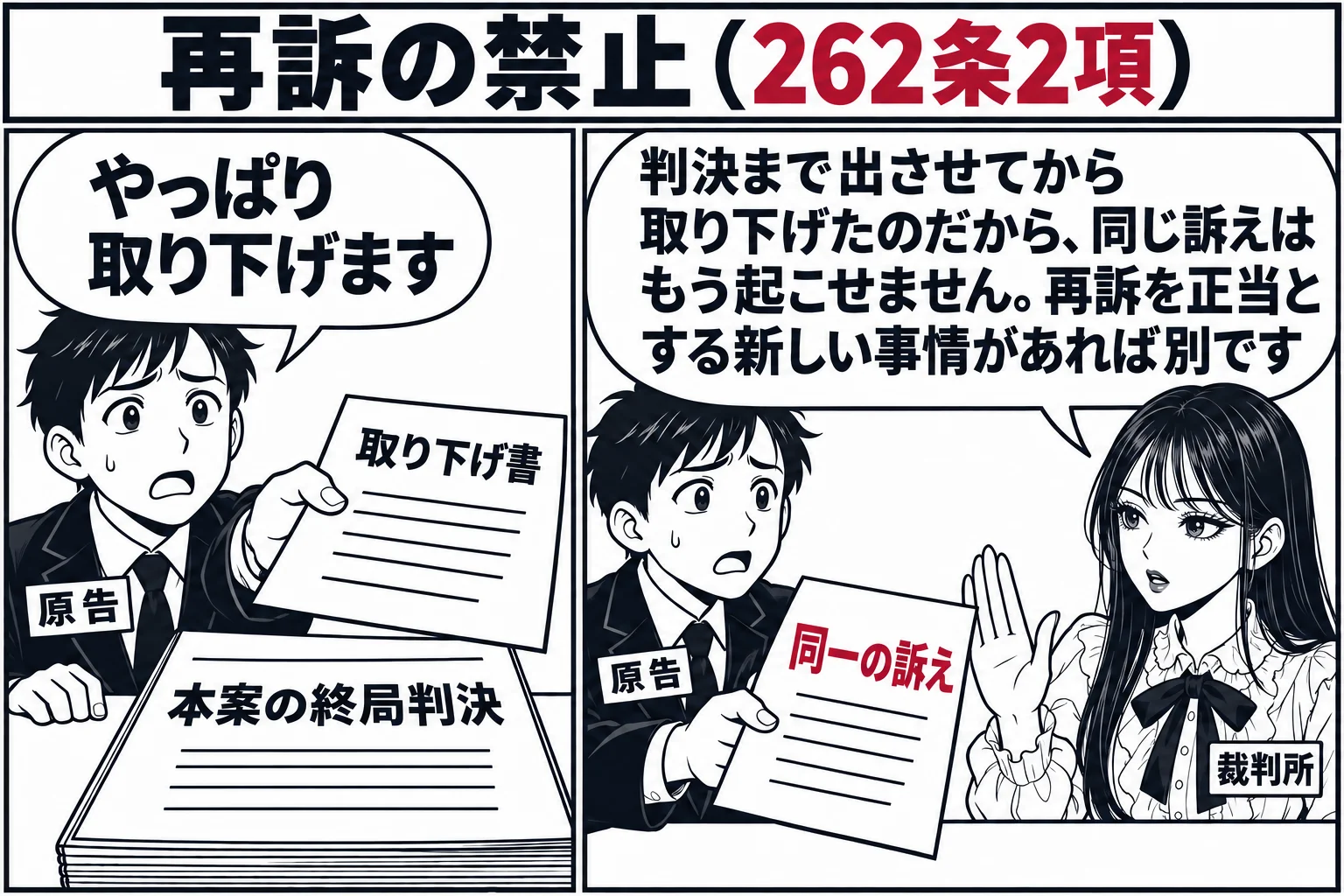 左右2コマ。左のコマは法廷で判決言渡しの後、原告の男性（札「原告」）が「やっぱり取り下げます」と書面を出している場面、机上の判決書の表題「本案の終局判決」。右のコマは裁判所の受付で同じ原告が新しい訴状（表題「同一の訴え」）を差し出し、先生が