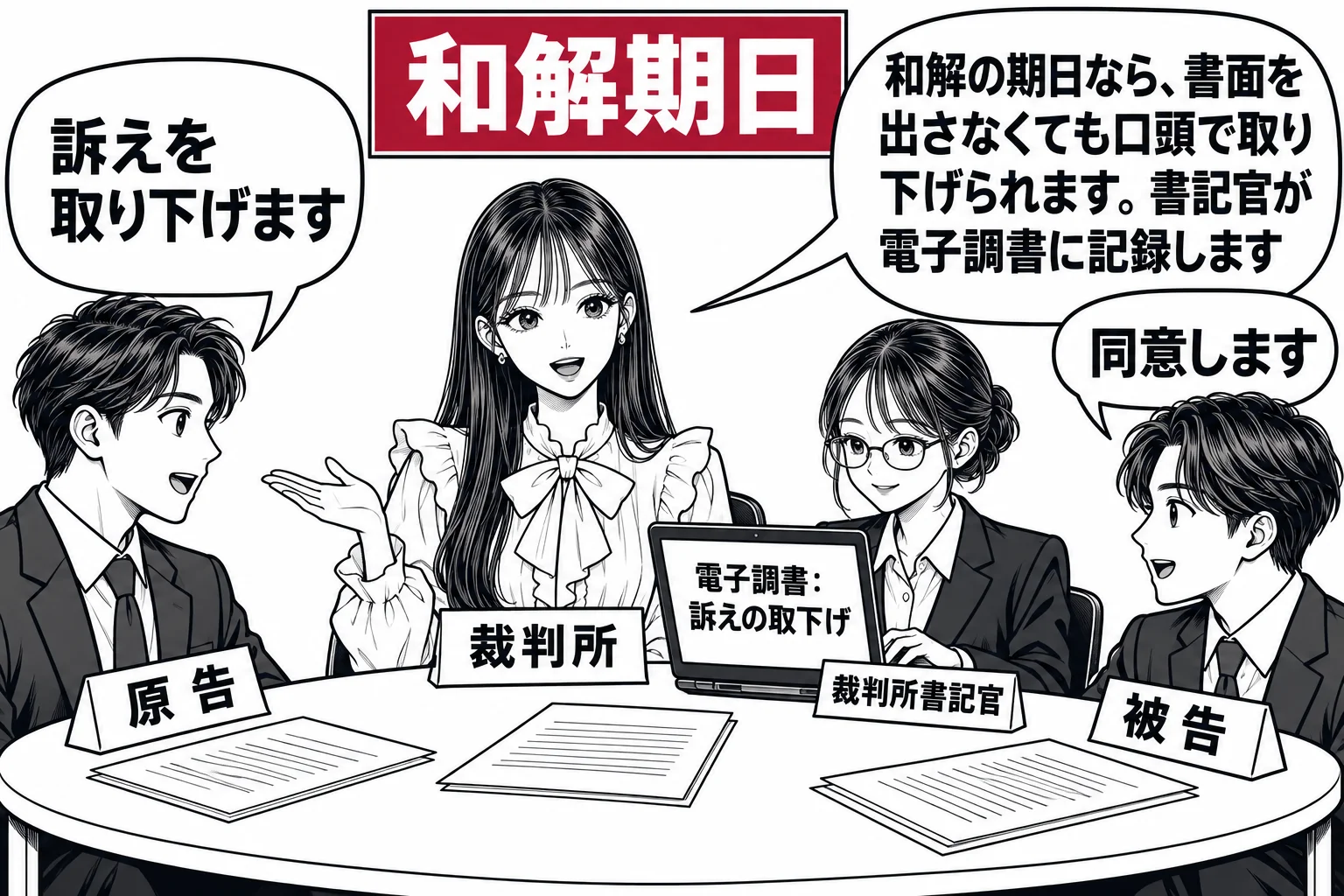 和解室の場面。丸いテーブルを囲み、先生が裁判官役（札「裁判所」）、原告（札「原告」）、被告（札「被告」）が座る。壁に札「和解期日」。原告が口頭で「訴えを取り下げます」と述べ、被告が「同意します」と答えている。書記官（札「裁判所書記官」）がパ