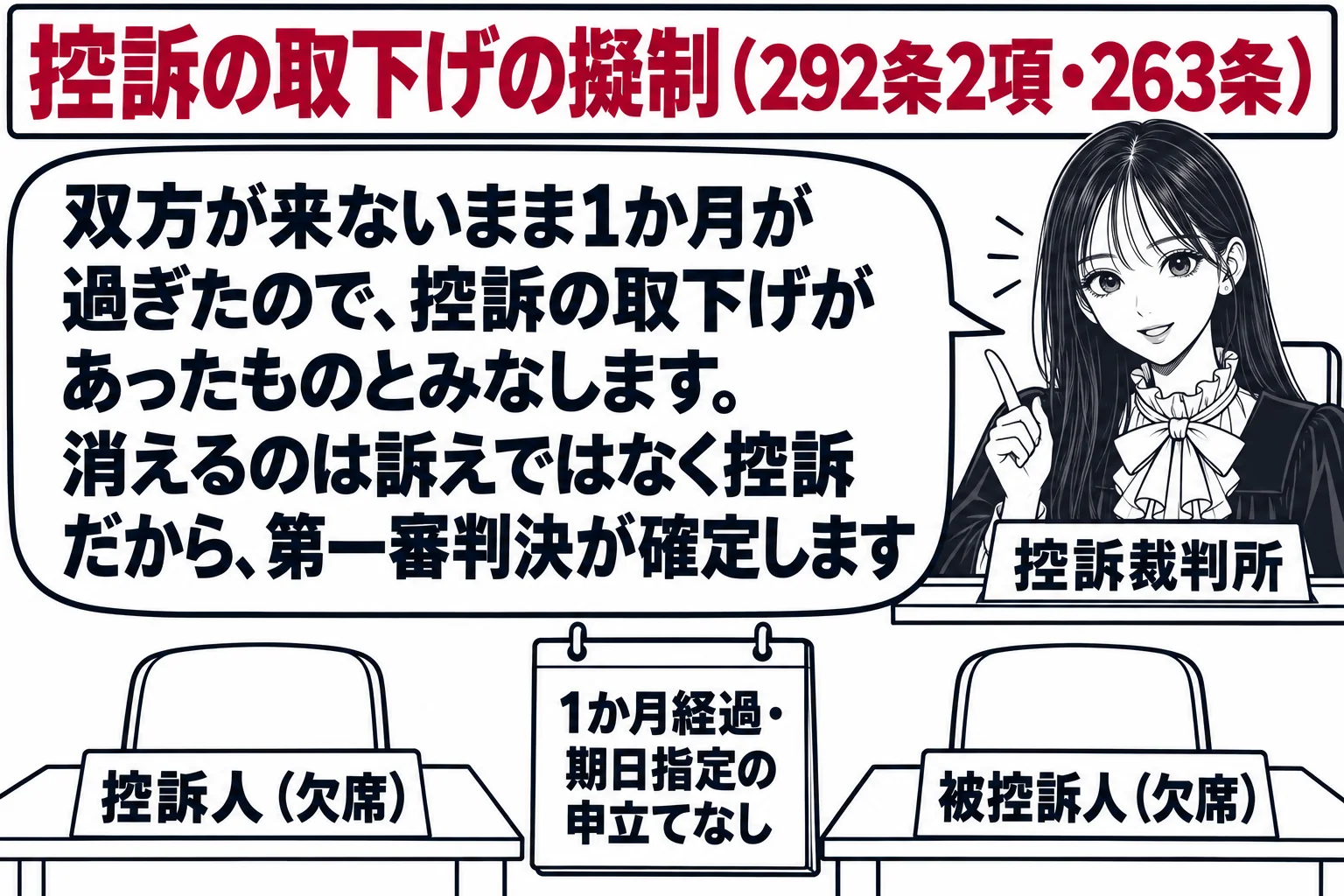 控訴審の法廷の場面。原告席・被告席とも空席で、それぞれの机に札「控訴人（欠席）」「被控訴人（欠席）」。壁のカレンダーに「1か月経過・期日指定の申立てなし」と書かれている。裁判官席の先生（札「控訴裁判所」）の吹き出し「双方が来ないまま1か月が