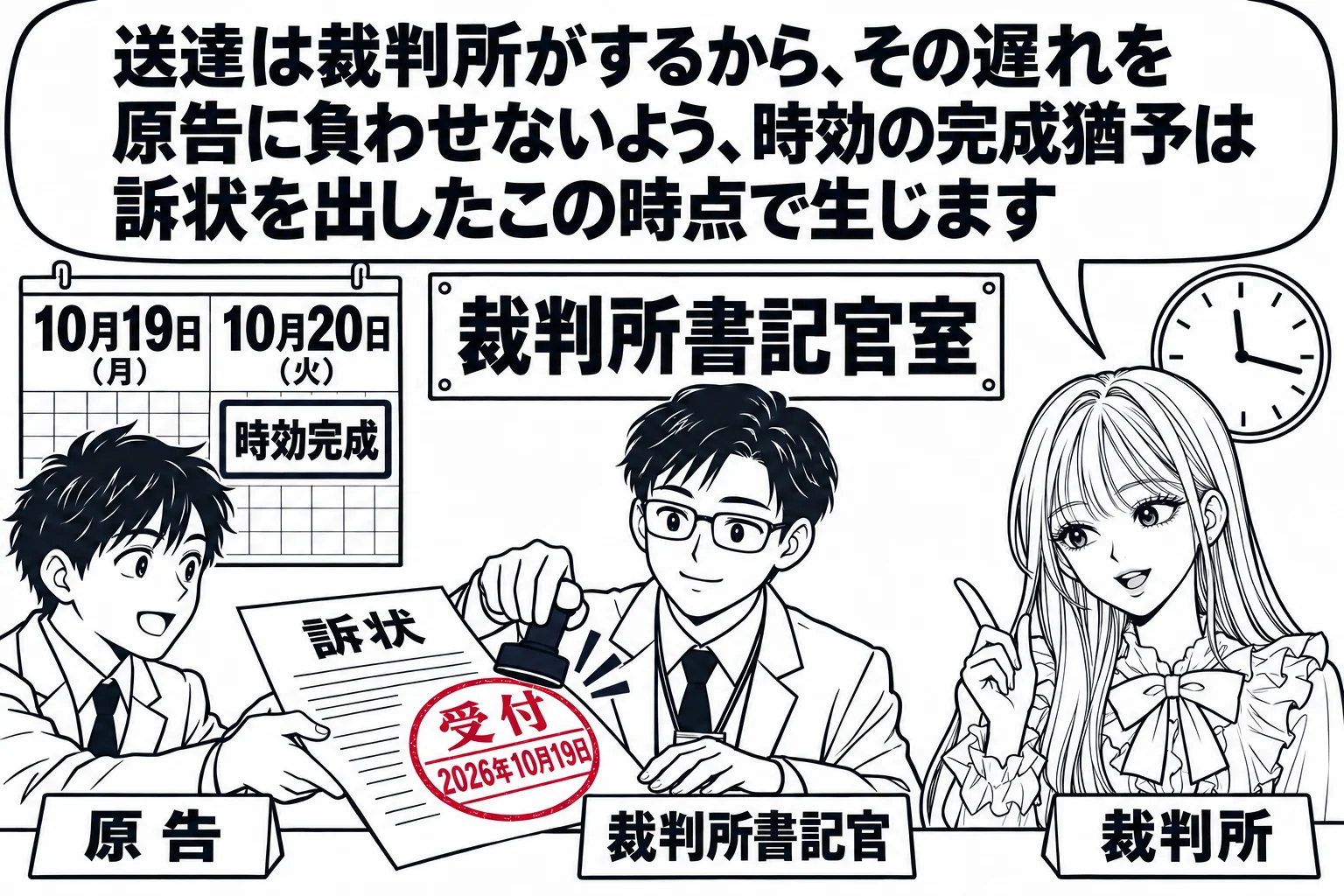 裁判所書記官室の受付カウンターの場面。原告の男性（札「原告」）が訴状を差し出し、裁判所書記官の男性（札「裁判所書記官」）が受付印を押している。受付印に「受付」と日付。カウンターの奥の壁に時計とカレンダーがあり、カレンダーの翌日に「時効完成」