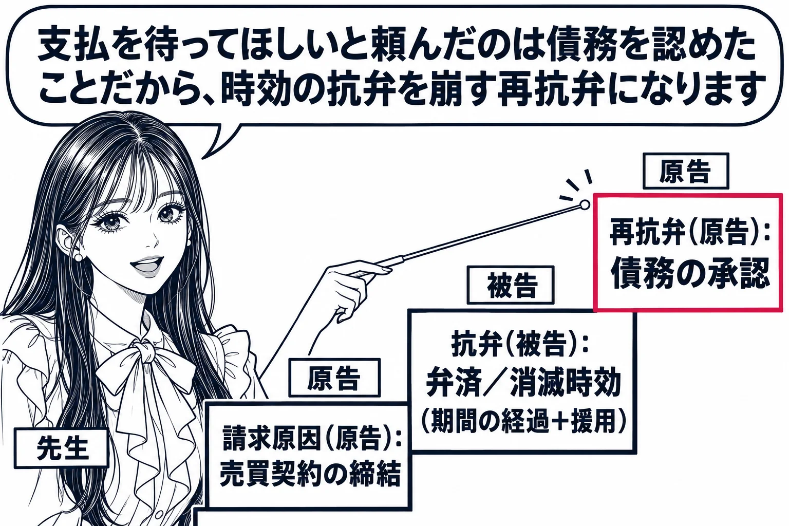 教室の黒板の板書の図解。三段の階段の図で、一段目「請求原因（原告）：売買契約の締結」、二段目「抗弁（被告）：弁済／消滅時効（期間の経過＋援用）」、三段目「再抗弁（原告）：債務の承認」。各段の横に担い手の札「原告」「被告」「原告」。先生（札「