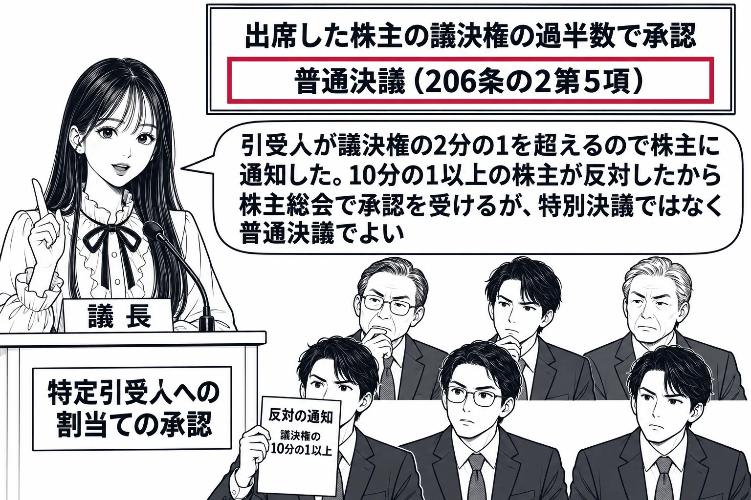 株主総会の会場の場面。先生が議長役（札「議長」）で演台に立ち、演台の前に札「特定引受人への割当ての承認」。客席に男性株主が6人座り、前列の1人が書面「反対の通知　議決権の10分の1以上」を掲げている。黒板に2行「出席した株主の議決権の過半数