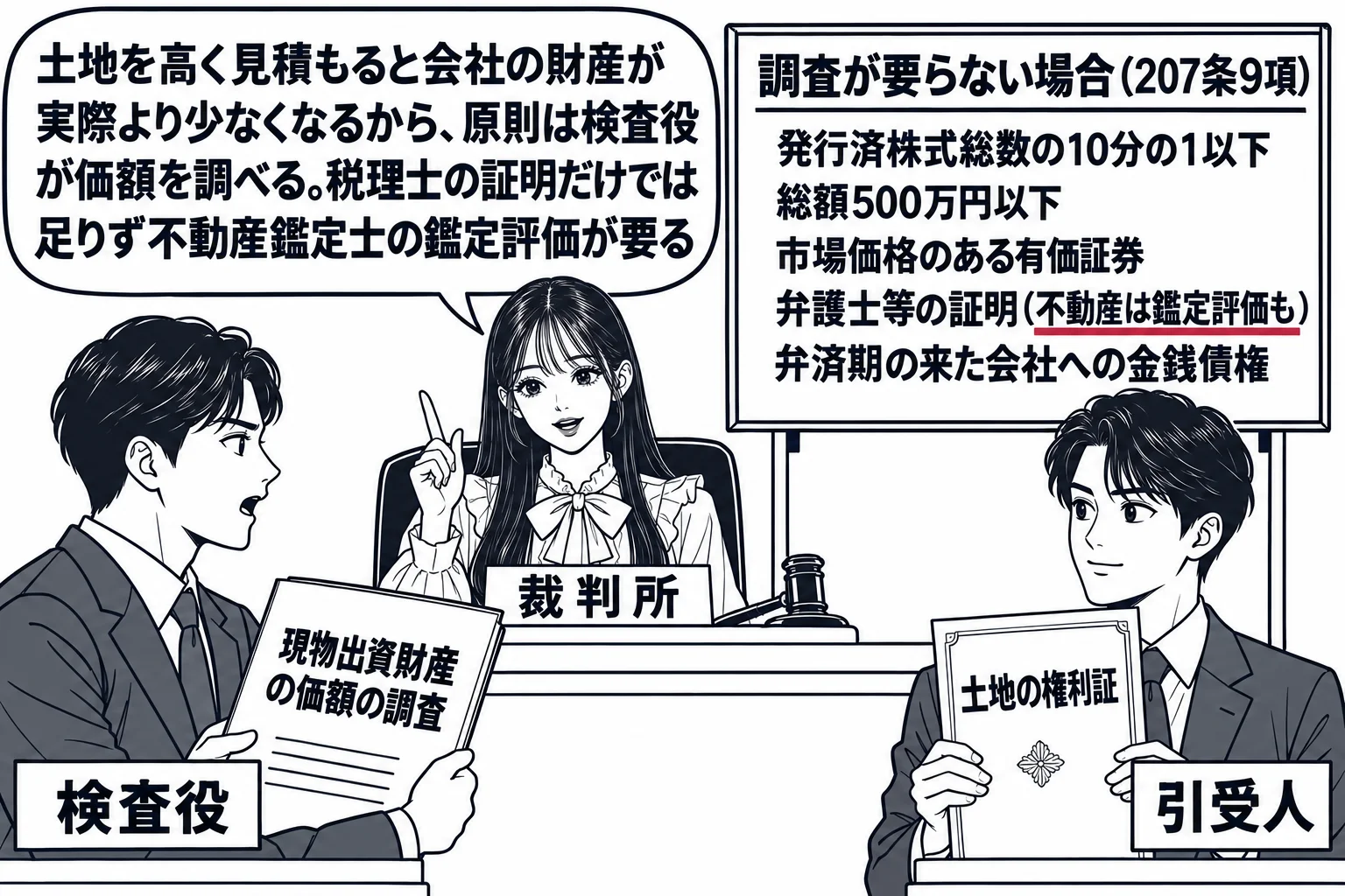 法廷の場面。先生が裁判官役（札「裁判所」）で法壇に座り、法壇の前に検査役の男性（札「検査役」）が報告書「現物出資財産の価額の調査」を提出している。傍聴席側に引受人の男性が土地の権利証を抱えて立つ。黒板に板書「調査が要らない場合（207条9項