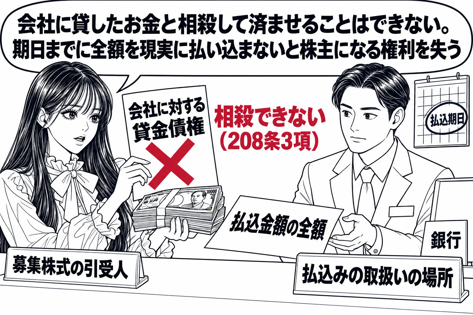 銀行の窓口の場面。先生が引受人役（札「募集株式の引受人」）でカウンターの前に立ち、書面「払込金額の全額」と札束を差し出している。カウンターの奥に銀行員の男性（札「払込みの取扱いの場所」）。先生の手元のもう1枚の書面「会社に対する貸金債権」に