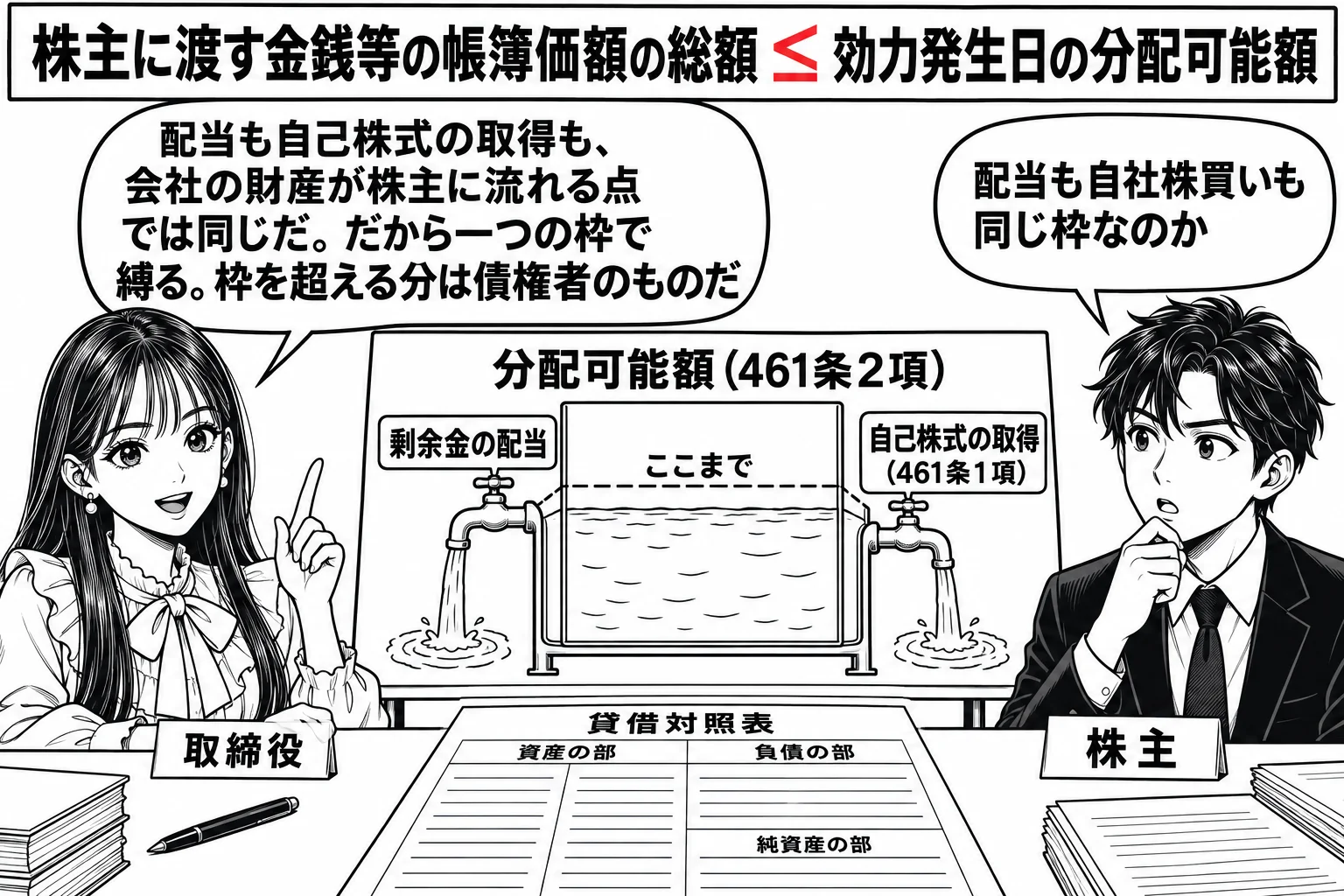会社の経理室の場面。先生が取締役役（札「取締役」）で机に座り、机の上に貸借対照表と、水の入った水槽の絵が描かれた板「分配可能額（461条2項）」。水槽の水面に線が引かれ「ここまで」。水槽から外へ伸びる2本の蛇口にそれぞれ札「剰余金の配当」「