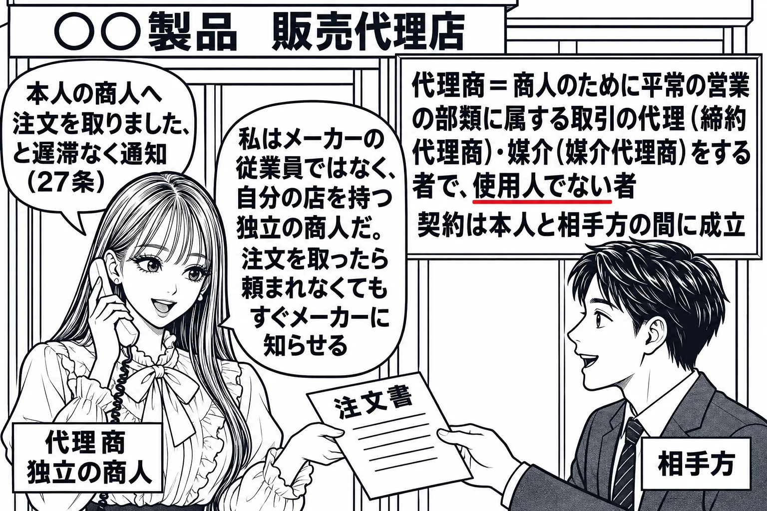 地方の販売代理店の店先の場面。先生が代理店の店主役（札「代理商　独立の商人」）で自分の店の前に立ち、看板「○○製品　販売代理店」。店先で男性客（札「相手方」）から注文書を受け取り、もう一方の手で電話を掛けている（吹き出し「本人の商人へ　注文