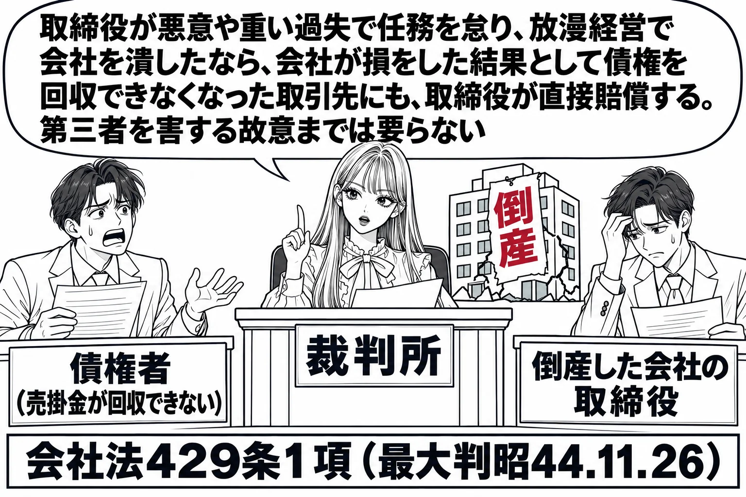 法廷の場面。先生が裁判官役（札「裁判所」）で壇上に座り、原告席に男性の取引先（札「債権者（売掛金が回収できない）」）、被告席に男性取締役（札「倒産した会社の取締役」）。壇の後ろに「倒産」と貼り紙のある会社の建物の絵。先生の吹き出し「取締役が